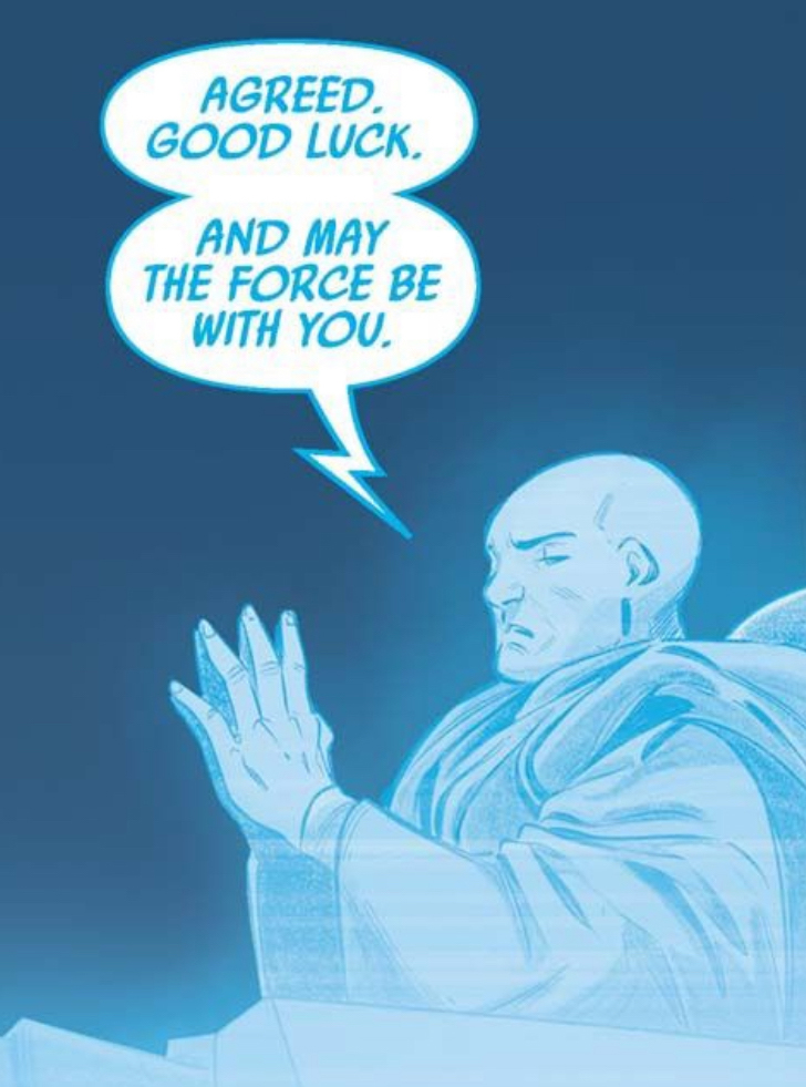 Mace Windu in a Star Wars comic panel: "Agreed. Good luck. And may the Force be with you."