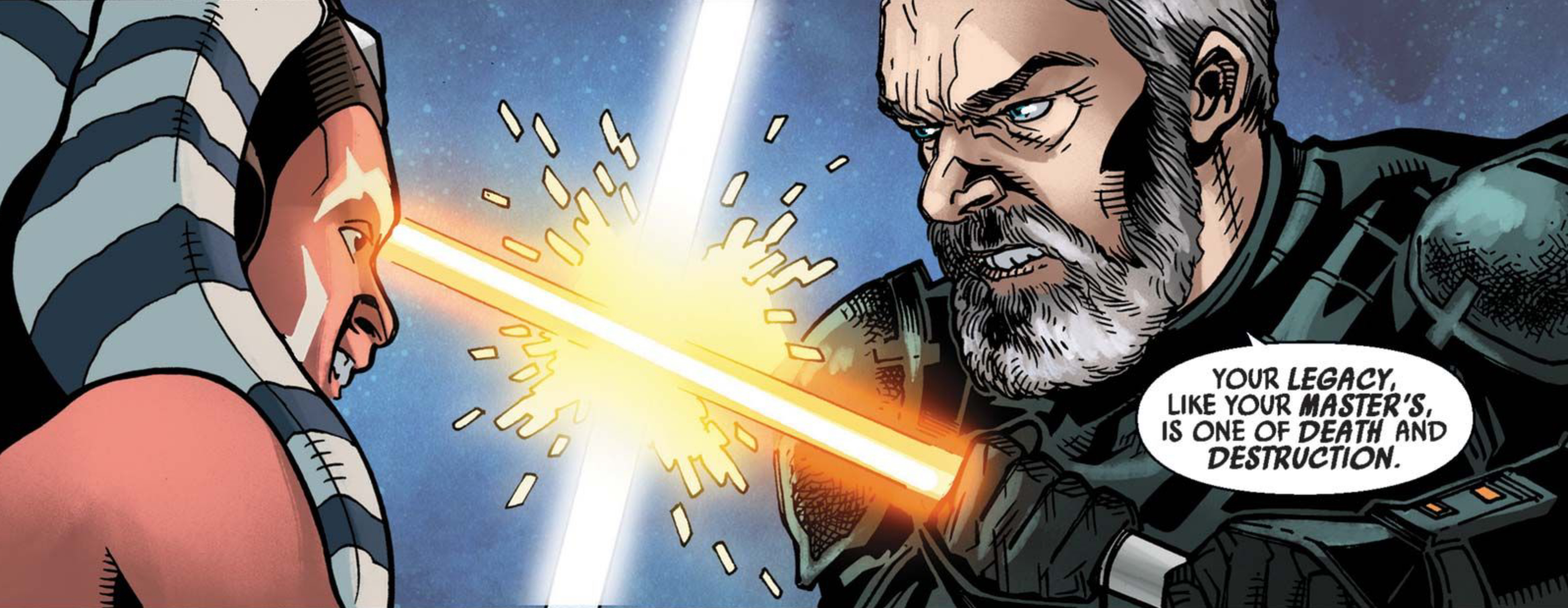 Ahsoka Tano & Baylan Skoll in a Star Wars comic panel: "Your legacy, like your master's, is one of death and destruction."