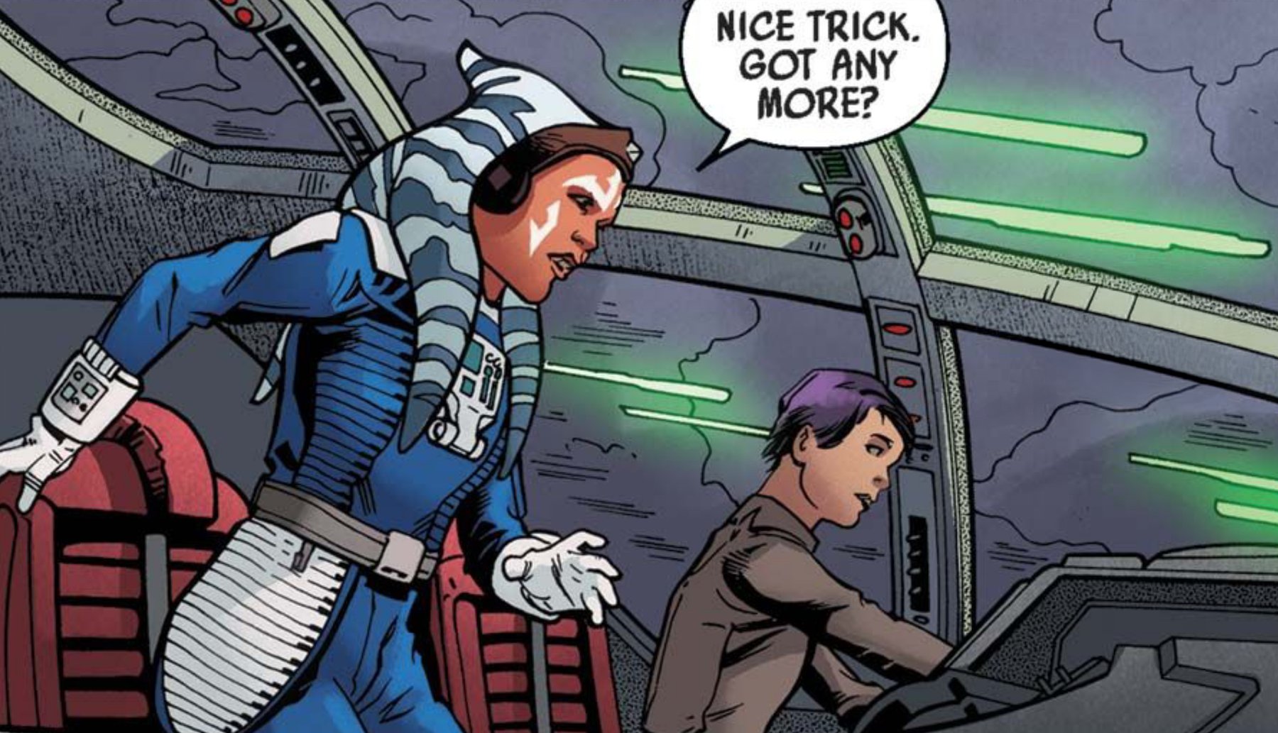 Ahsoka Tano in a Star Wars comic panel: "Nice trick. Got any more?"