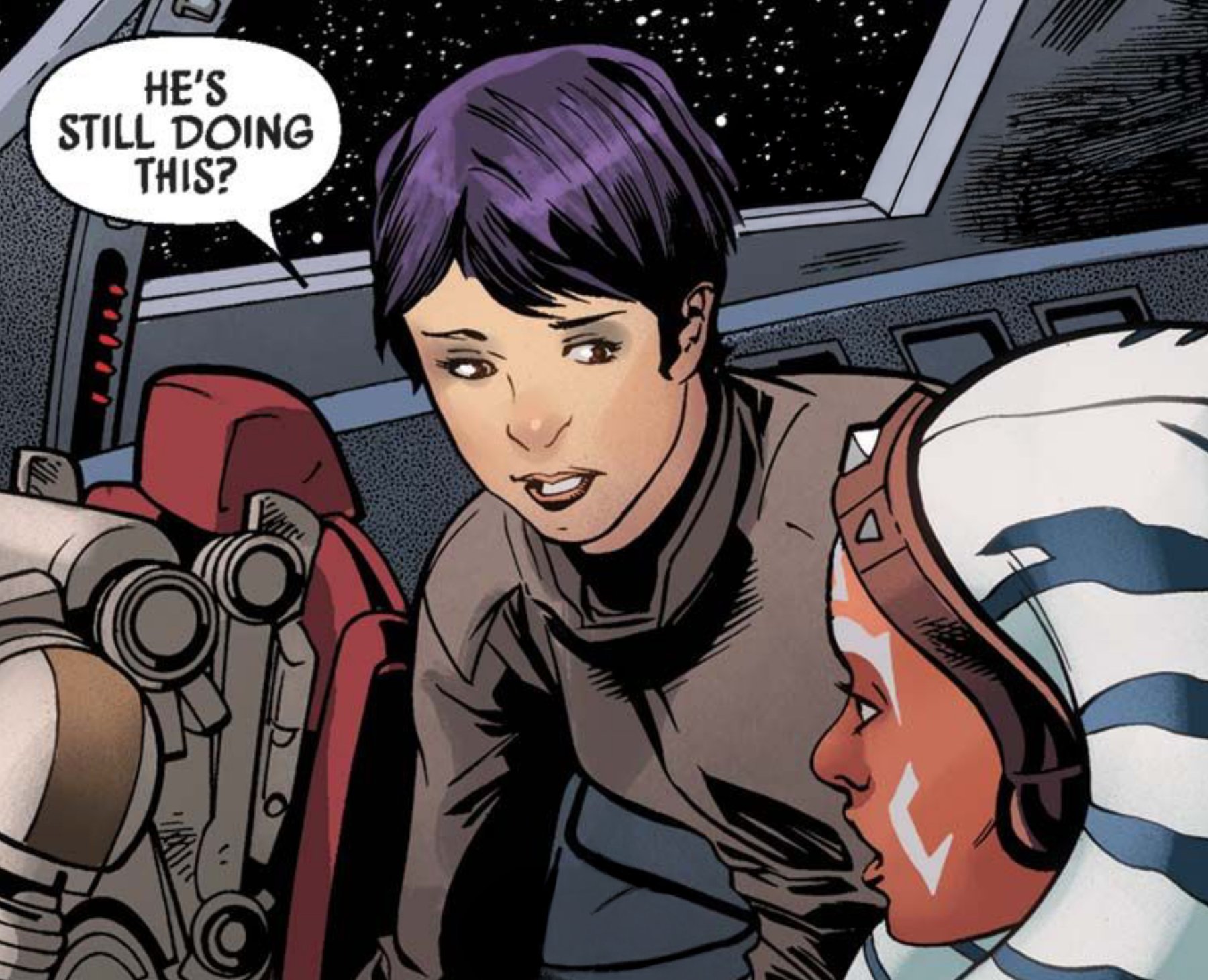 Sabine Wren & Ahsoka Tano in a Star Wars comic panel: "He's still doing this?"