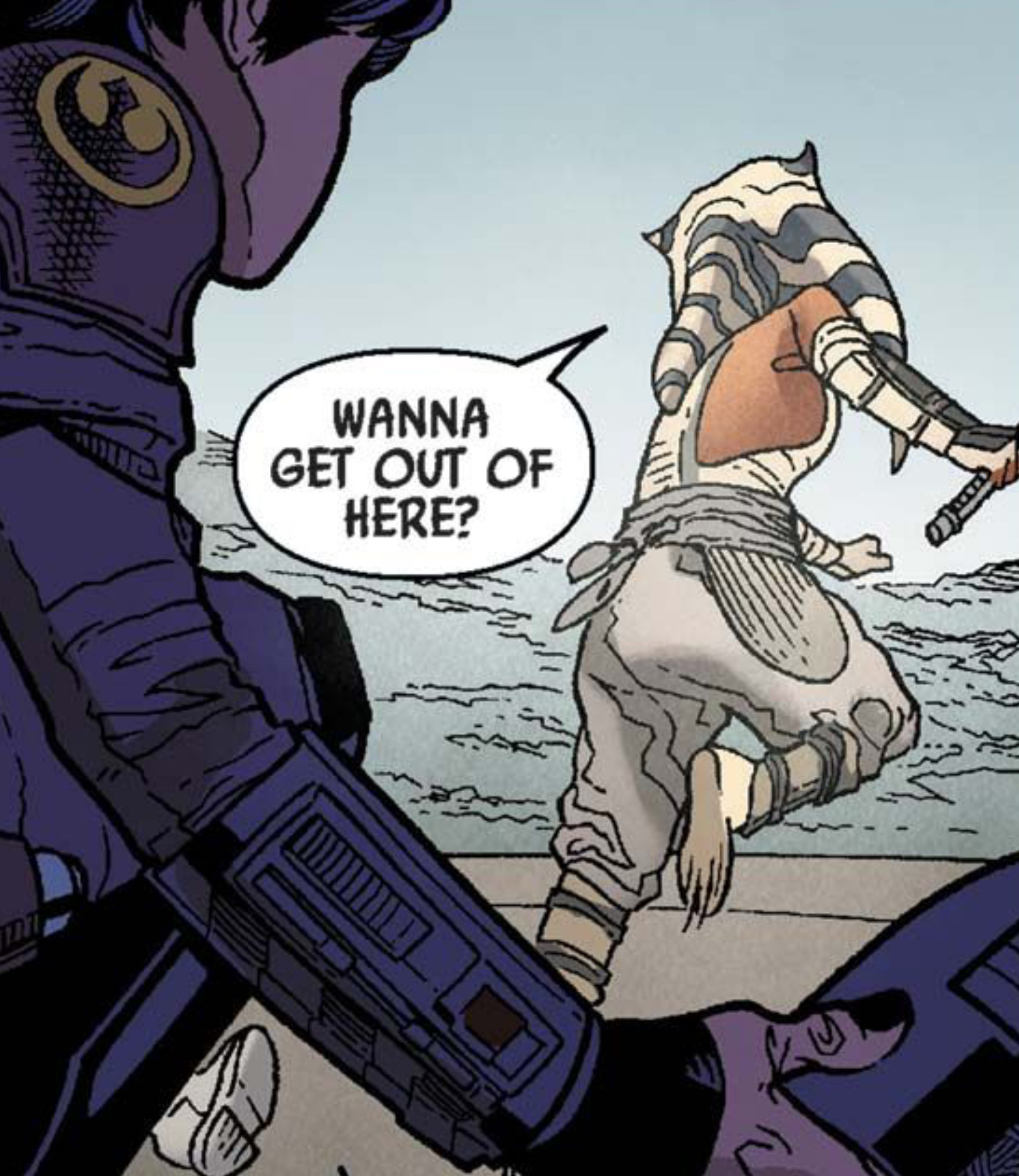 Ahsoka Tano in a Star Wars comic panel: "Wanna get out of here?"