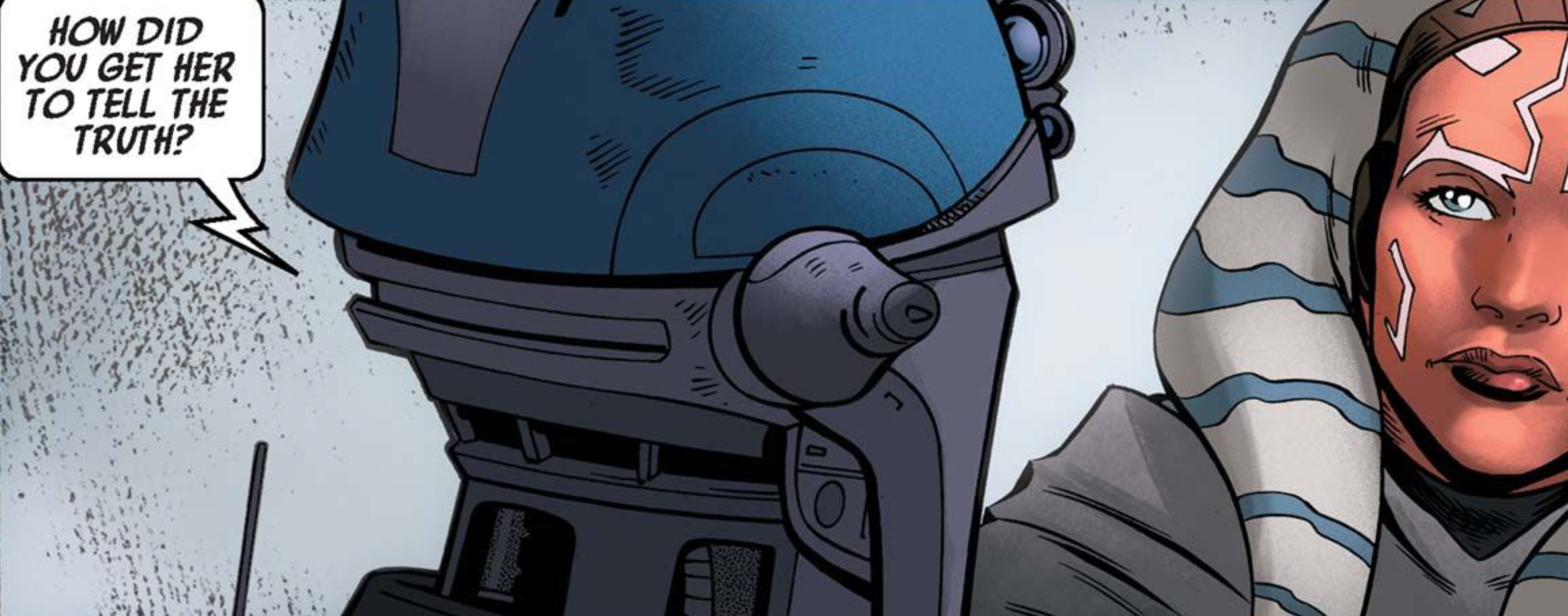 Huyang & Ahsoka Tano in a Star Wars comic panel: "How did you get her to tell the truth?"
