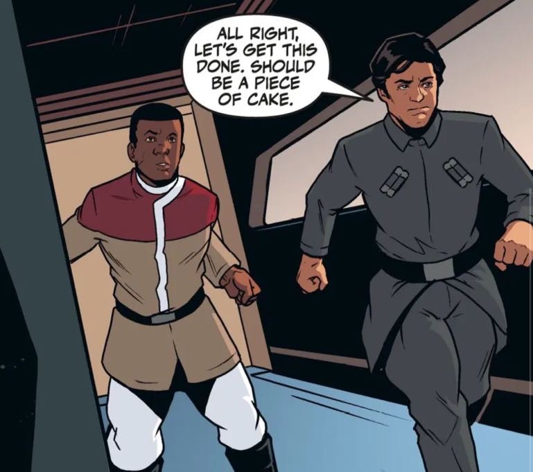 Finn & Poe Dameron in a Star Wars comic panel: "All right, let's get this done. Should be a piece of cake."