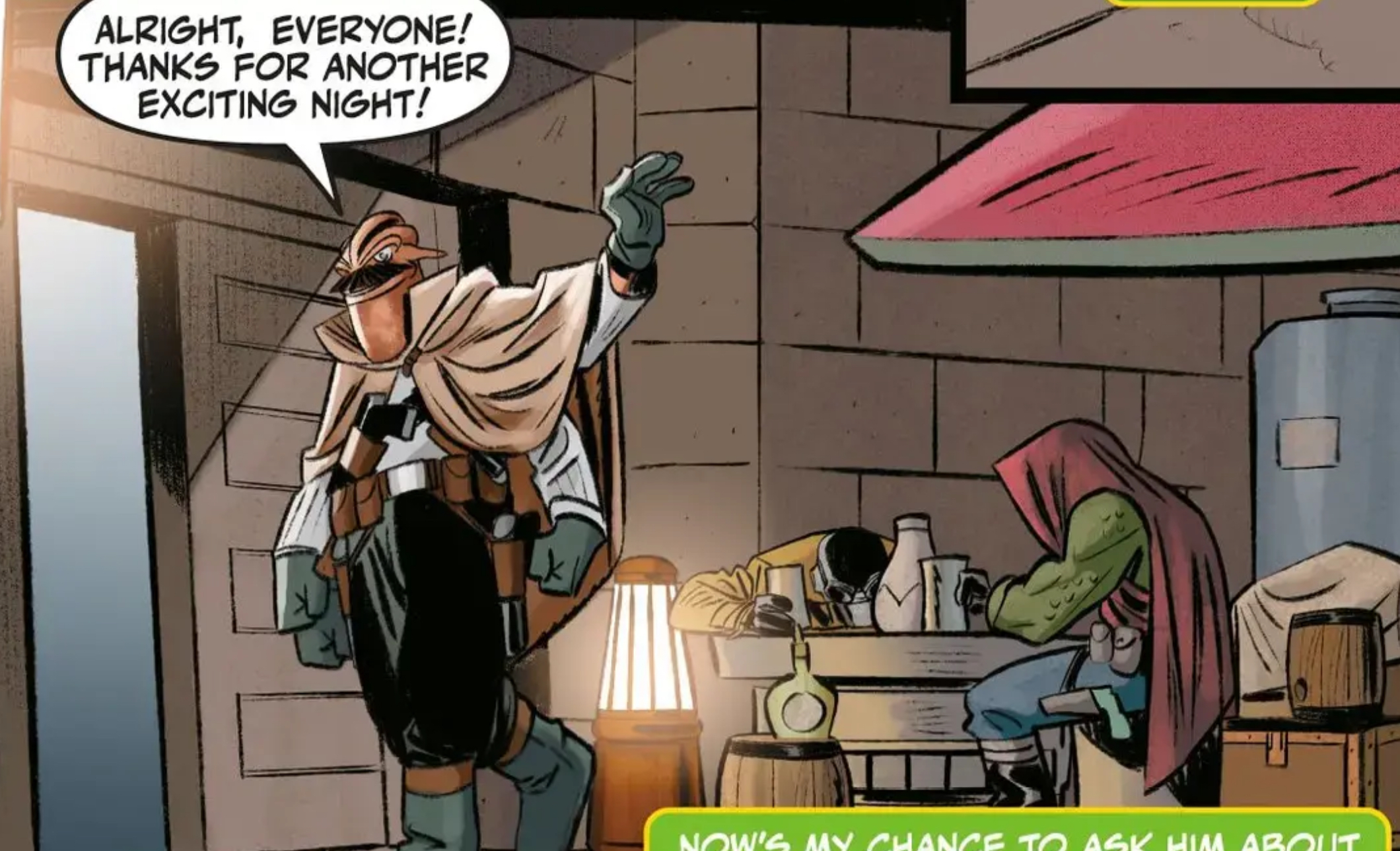 Dexter Jettster in a Star Wars comic panel: "Alright, everyone! Thanks for another exciting night!"
