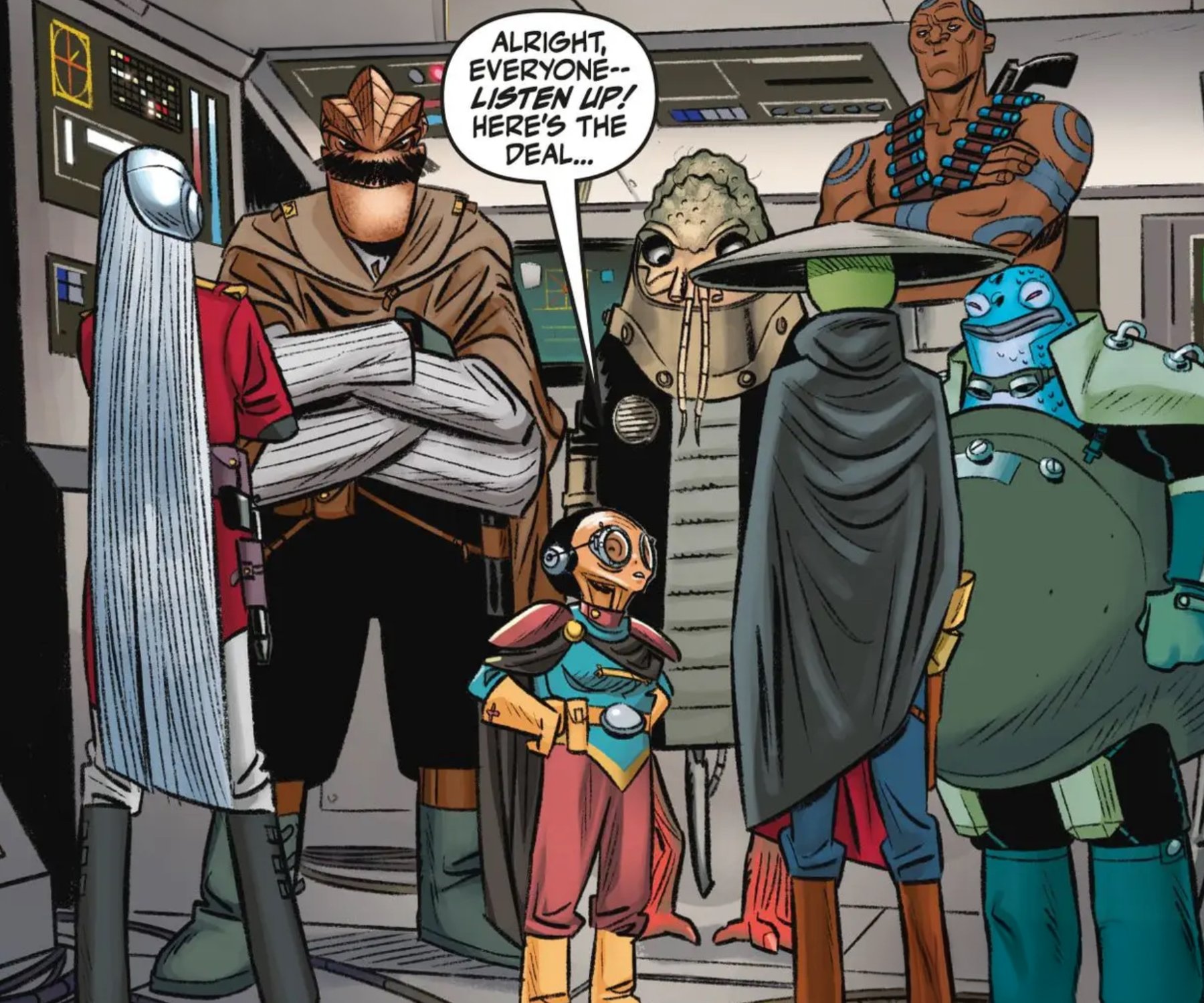 Maz Kanata & Dexter Jettster in a Star Wars comic panel: "Alright everyone listen up Here's the deal"