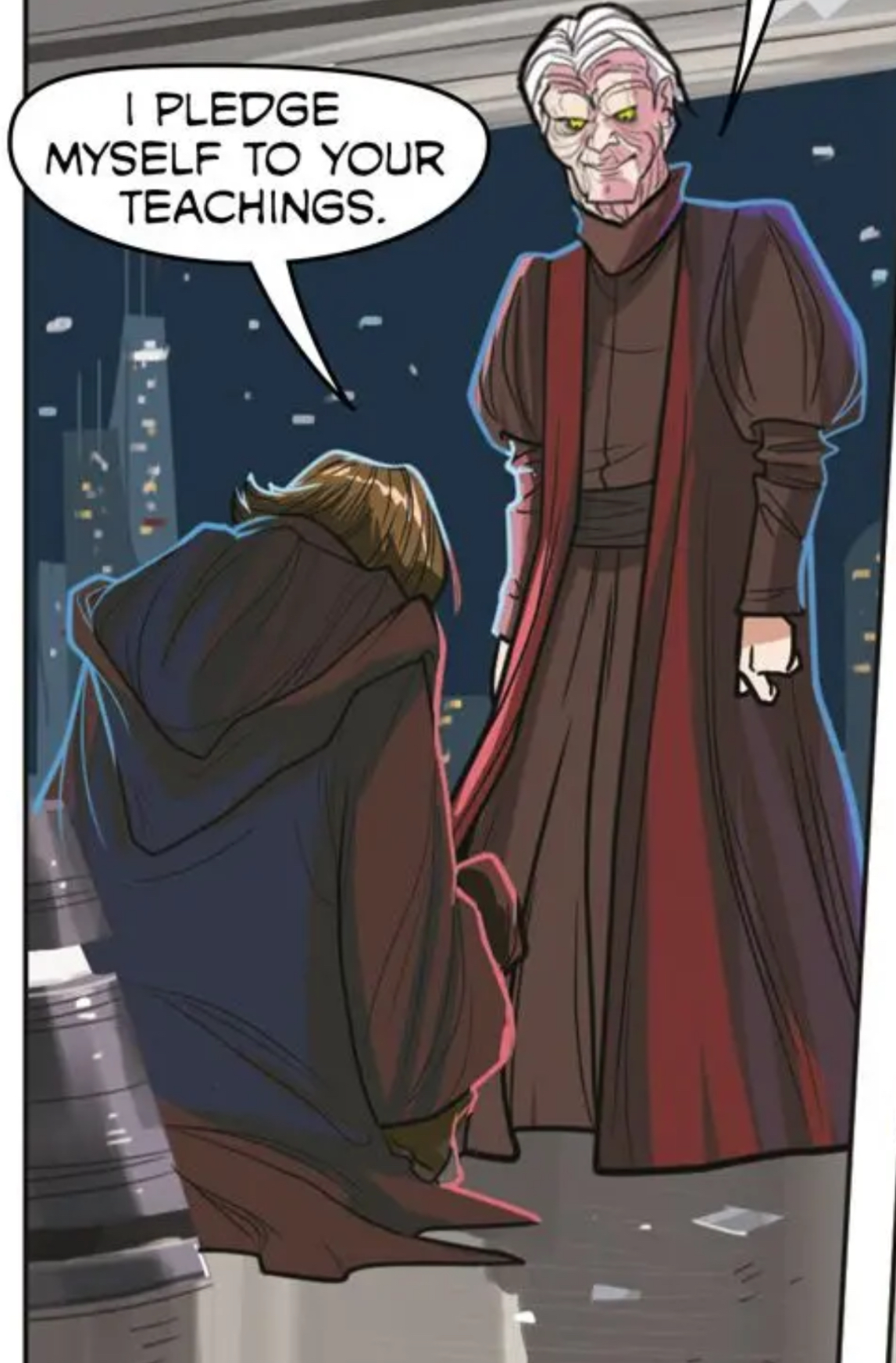 Anakin Skywalker & Sheev Palpatine in a Star Wars comic panel: "I pledge myself to your teachings."