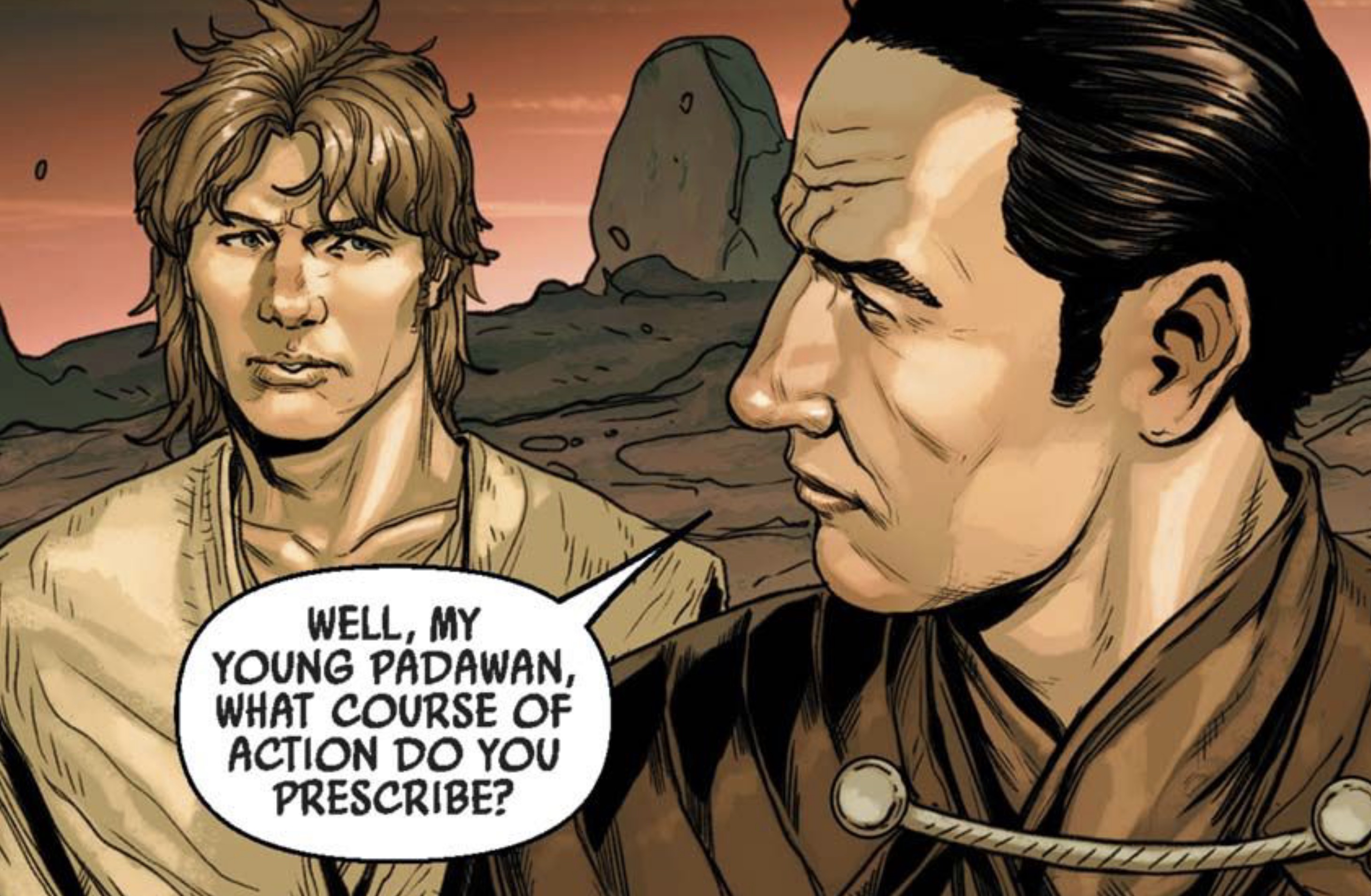 Qui-Gon Jinn & Count Dooku in a Star Wars comic panel: "Well, my young Padawan, what course of action do you prescribe?"
