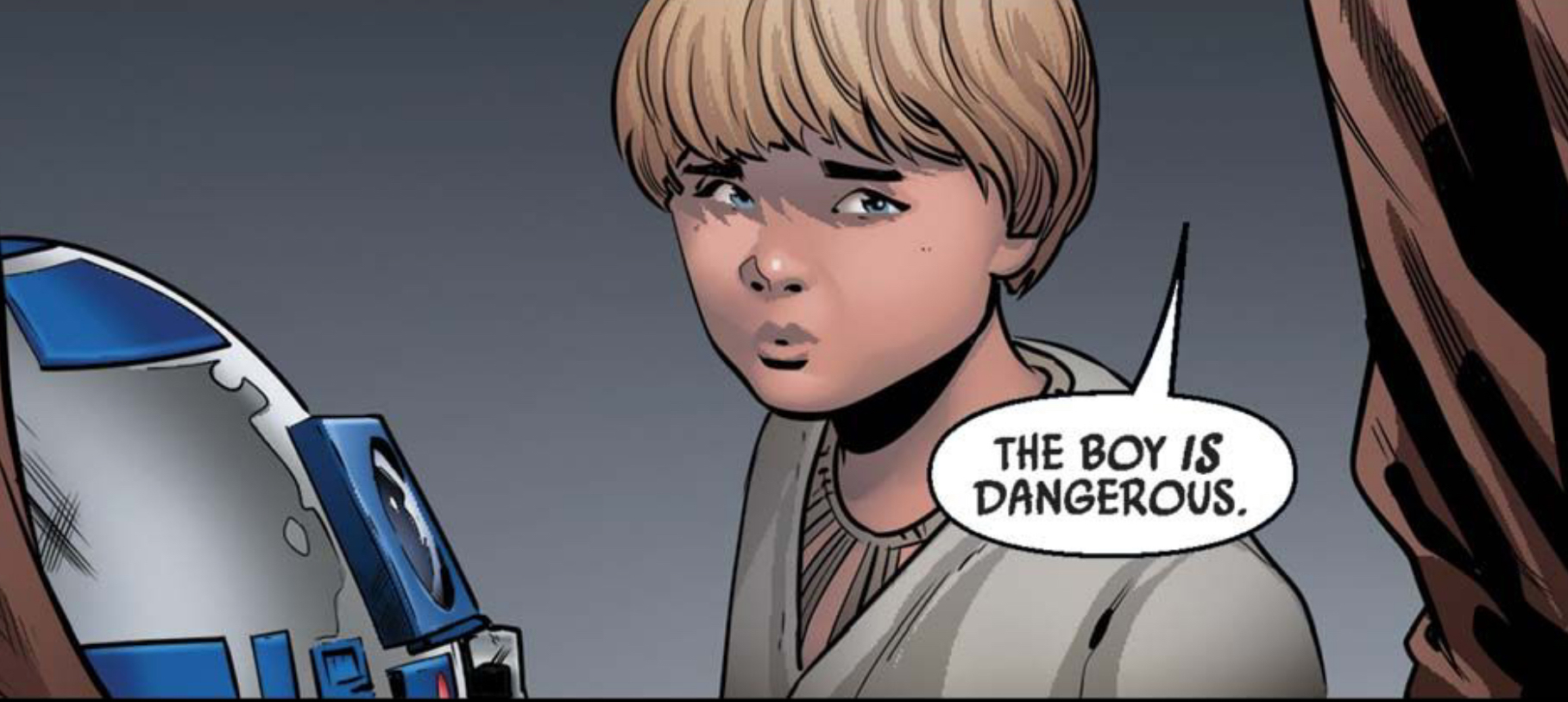 Anakin Skywalker & R2-D2 in a Star Wars comic panel: "The boy is dangerous."