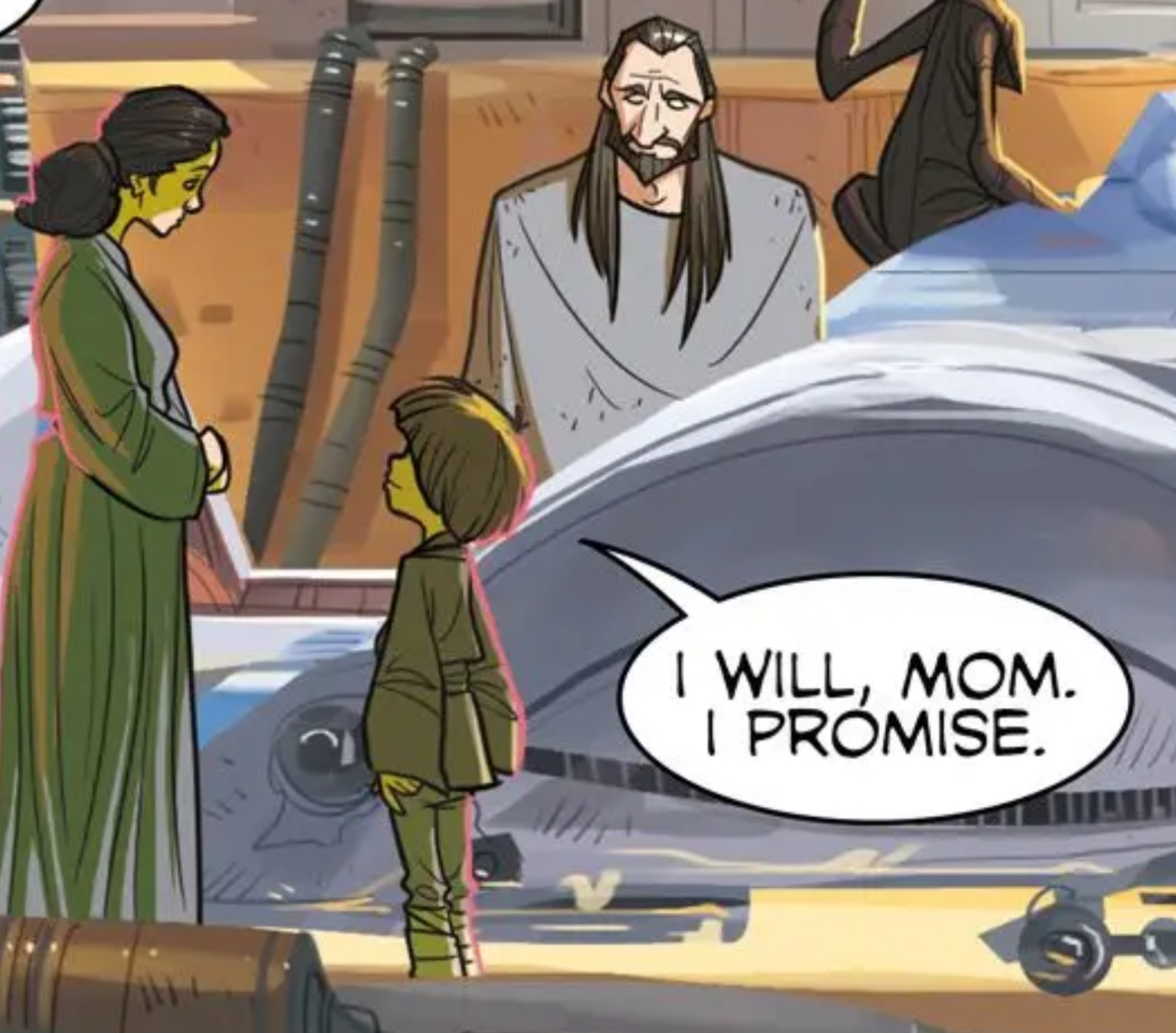 Anakin Skywalker & Shmi Skywalker in a Star Wars comic panel: "I will, Mom. I promise."