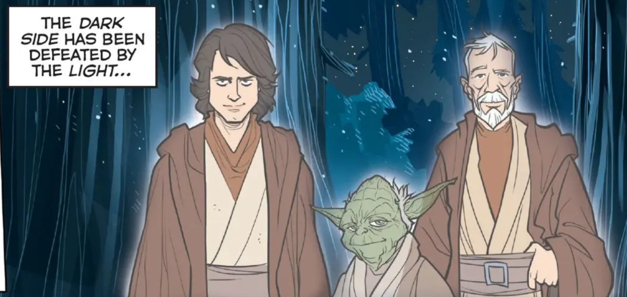 Anakin Skywalker & Yoda in a Star Wars comic panel: "The dark side has been defeated by the light..."