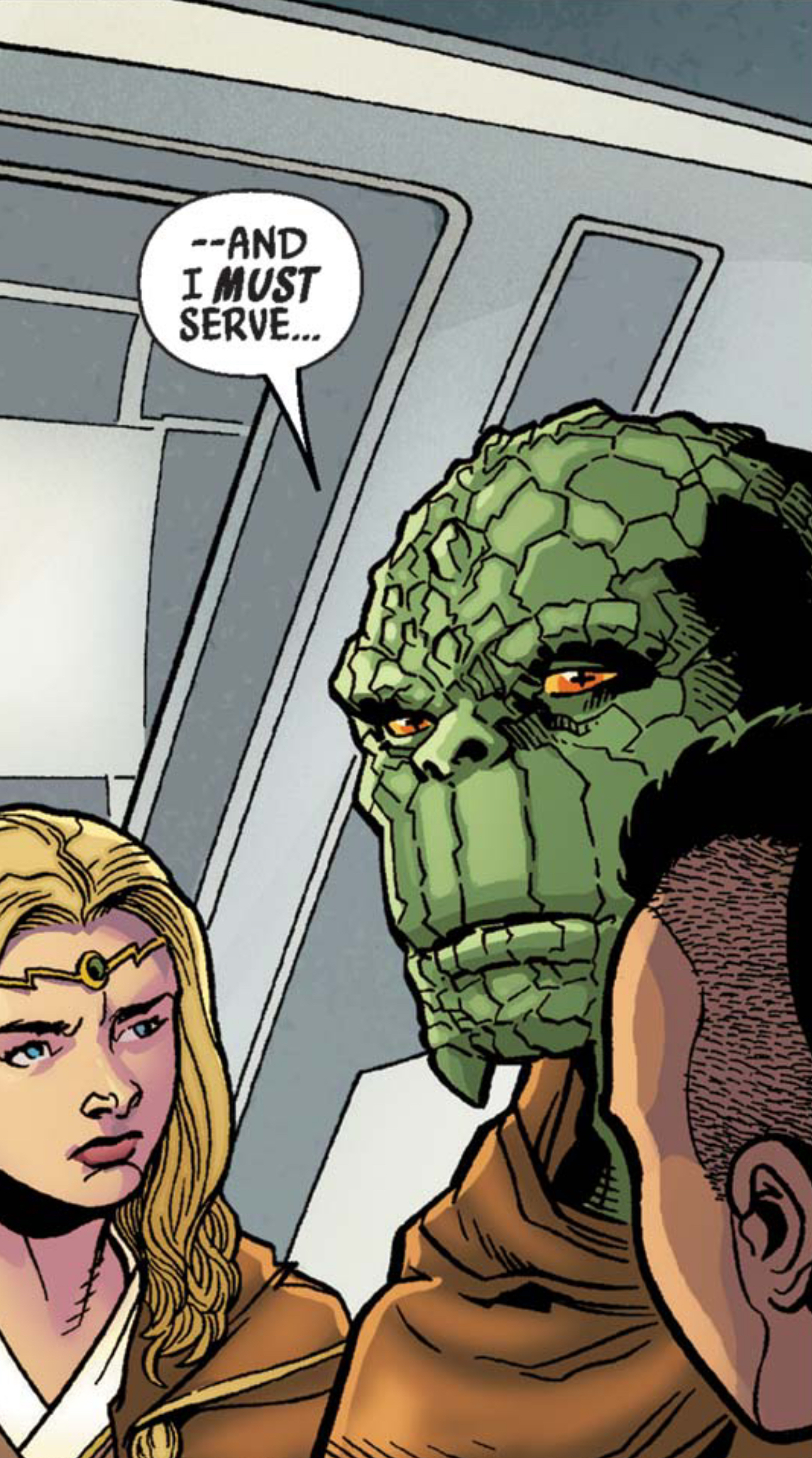 Avar Kriss & Sskeer in a Star Wars comic panel: "--And I must serve..."
