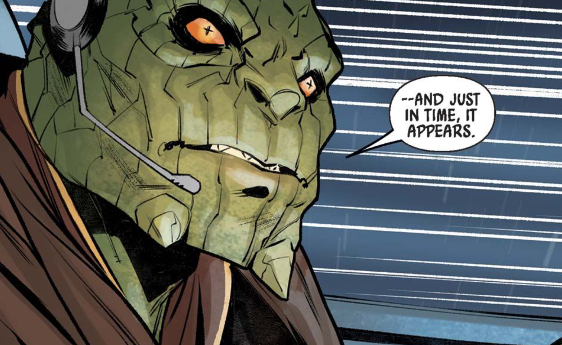 Sskeer in a Star Wars comic panel: "--And just in time, it appears."