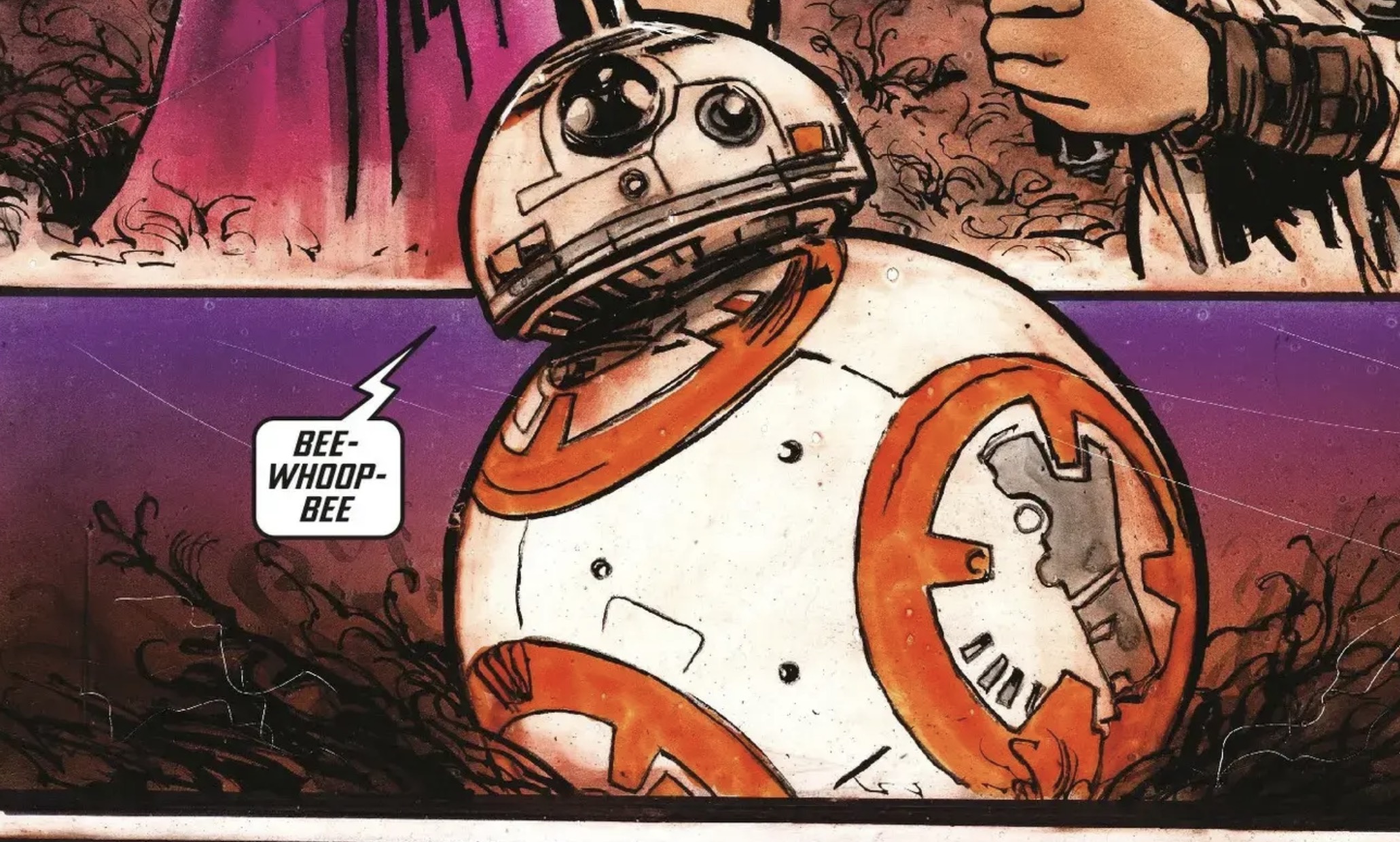 BB-8 in a Star Wars comic panel: "Bee-whoop-bee"