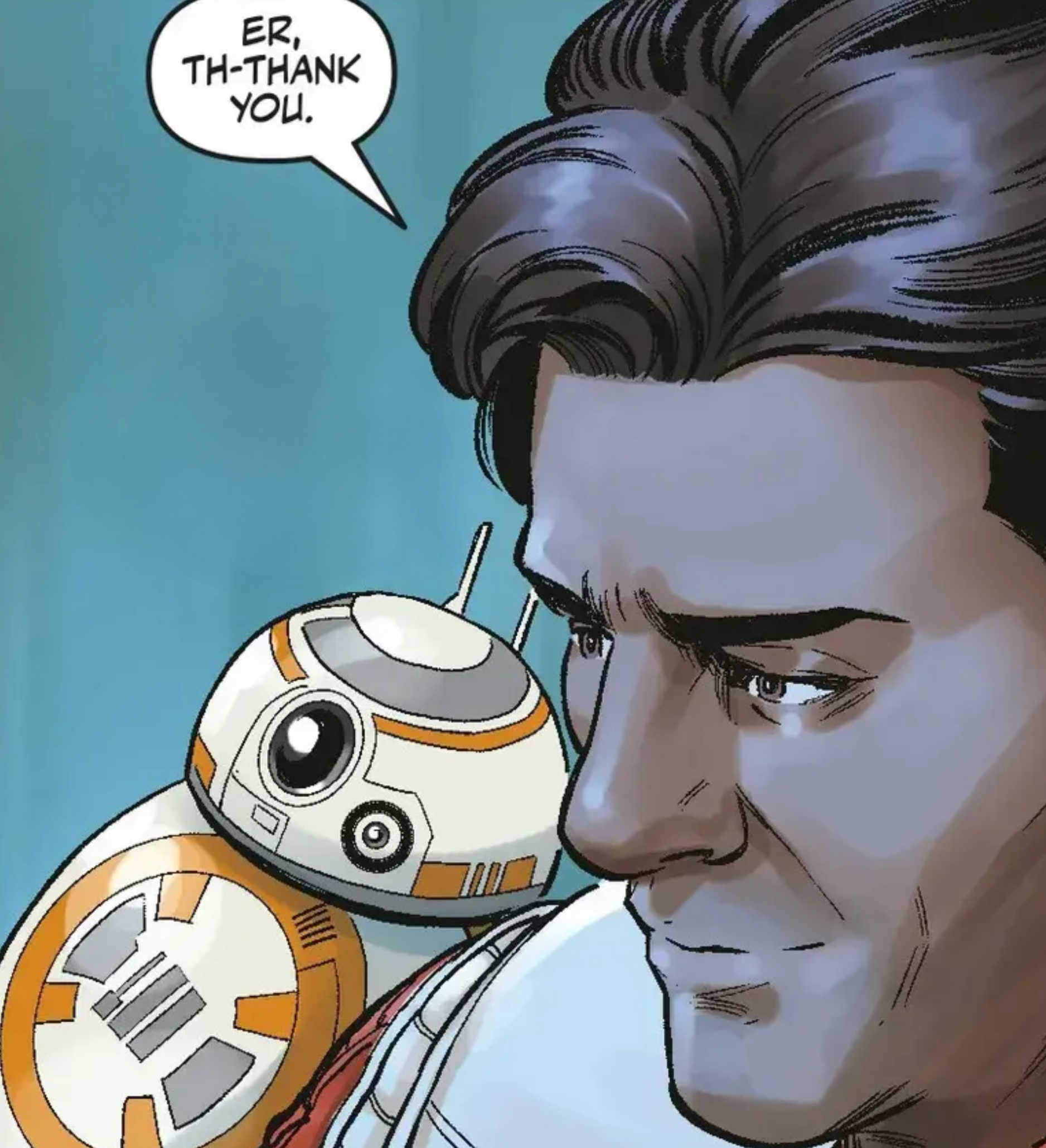 Poe Dameron & BB-8 in a Star Wars comic panel: "Er, th-thank you."