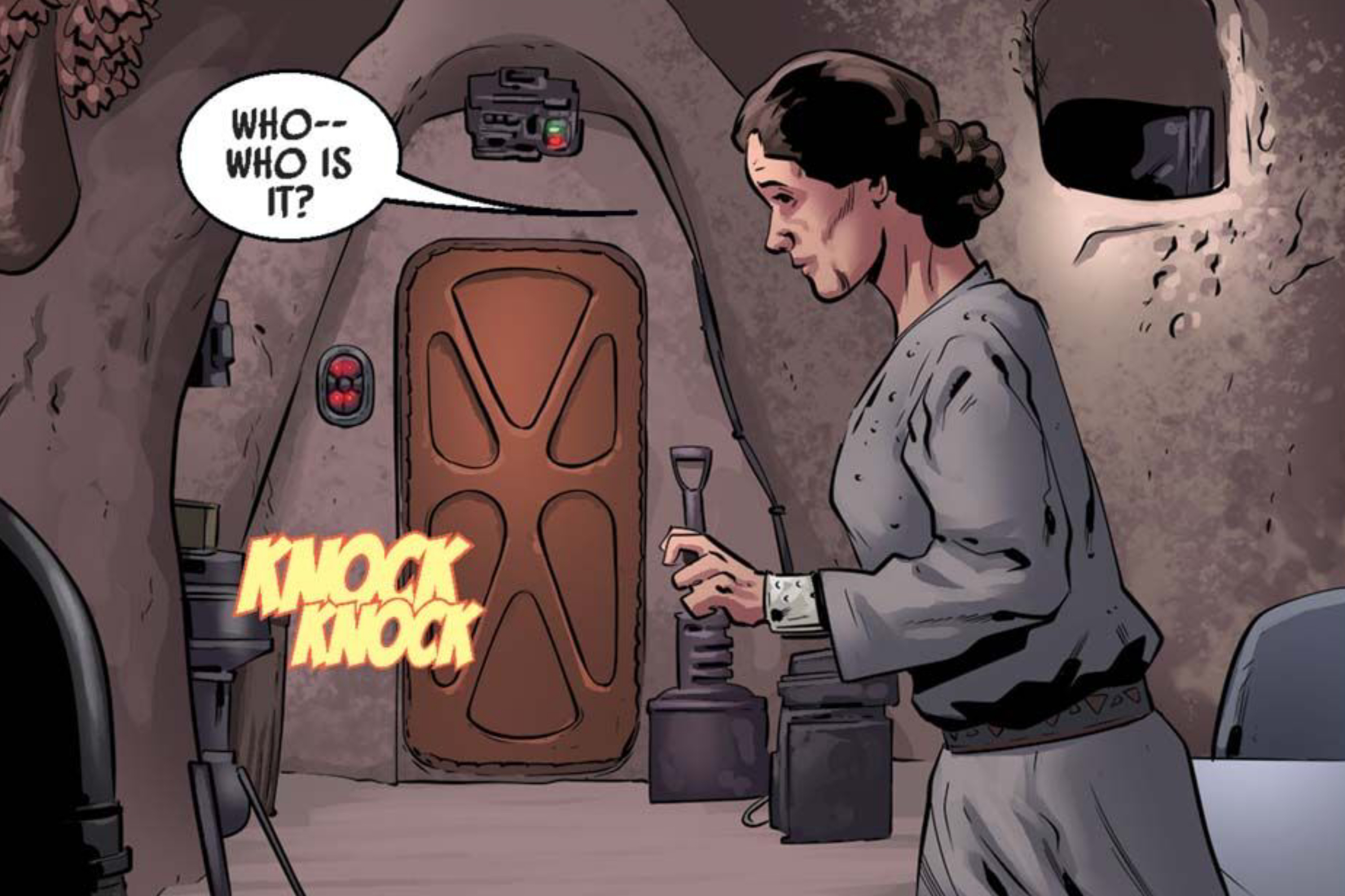 Leia Organa in a Star Wars comic panel: "Who-- who is it?"