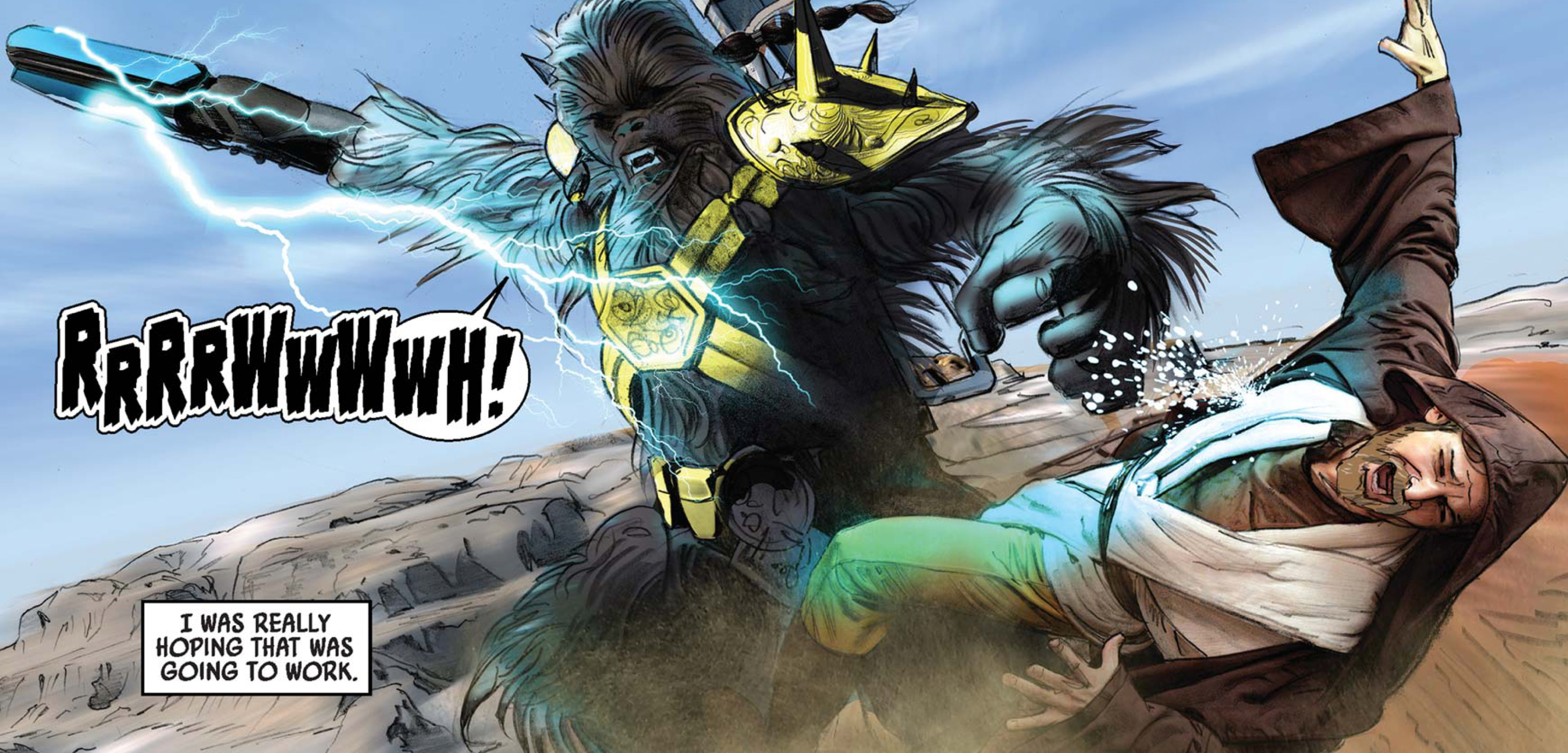 Black Krrsantan & Doctor Aphra in a Star Wars comic panel: "Rrrrwwwwh! I was really hoping that was going to work."