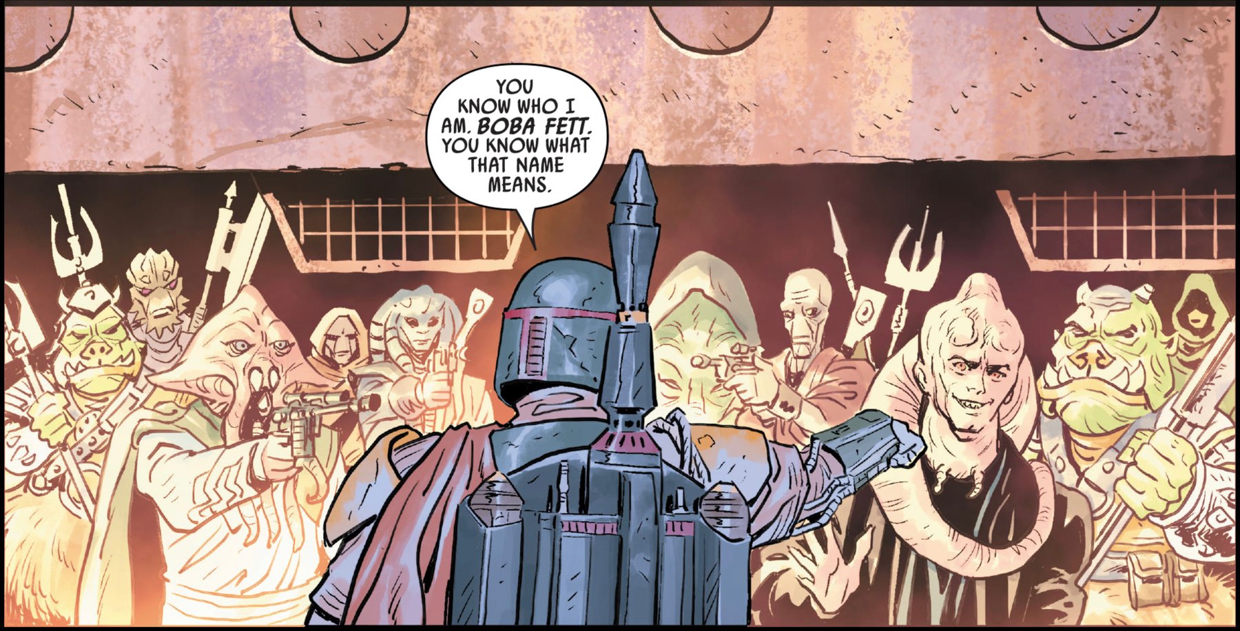 Boba Fett & Bib Fortuna in a Star Wars comic panel: "You know who I am. Boba Fett. You know what that name means."