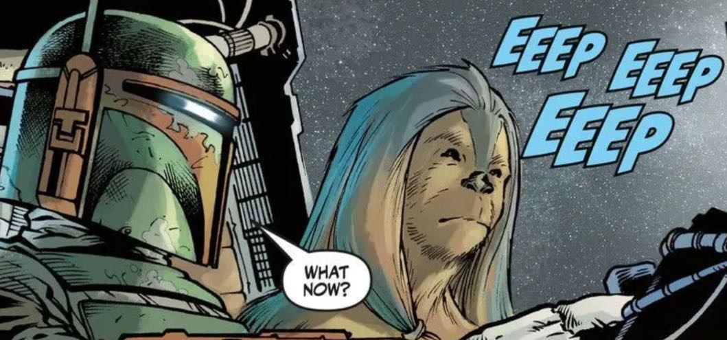 Boba Fett in a Star Wars comic panel: "What now? Eeep eeep eeep"