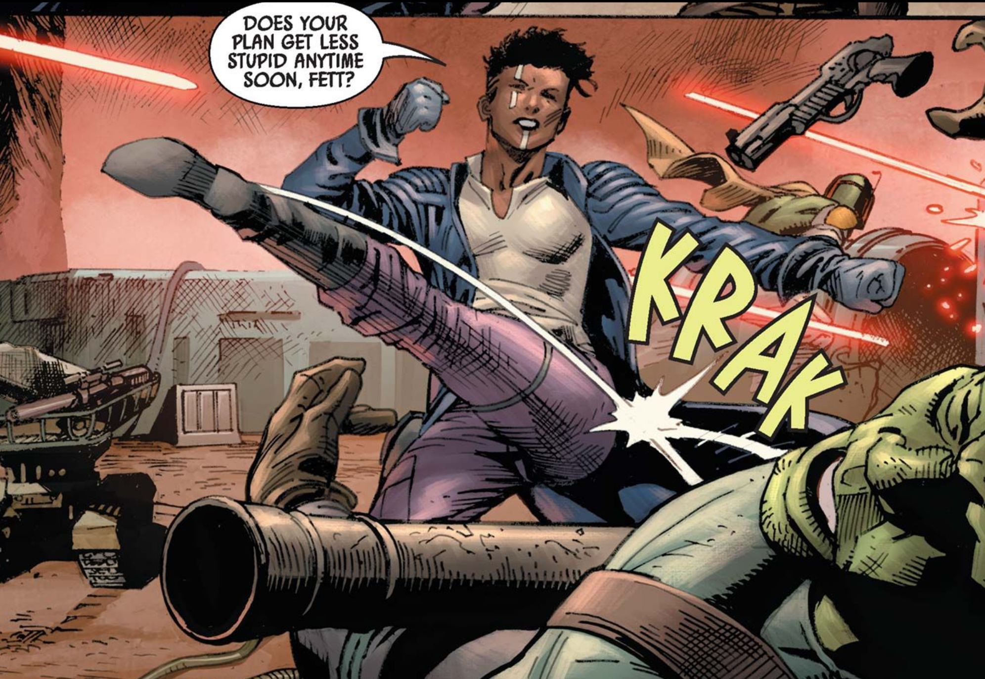 T'onga & Boba Fett in a Star Wars comic panel: "Does your plan get less stupid anytime soon, Fett?"