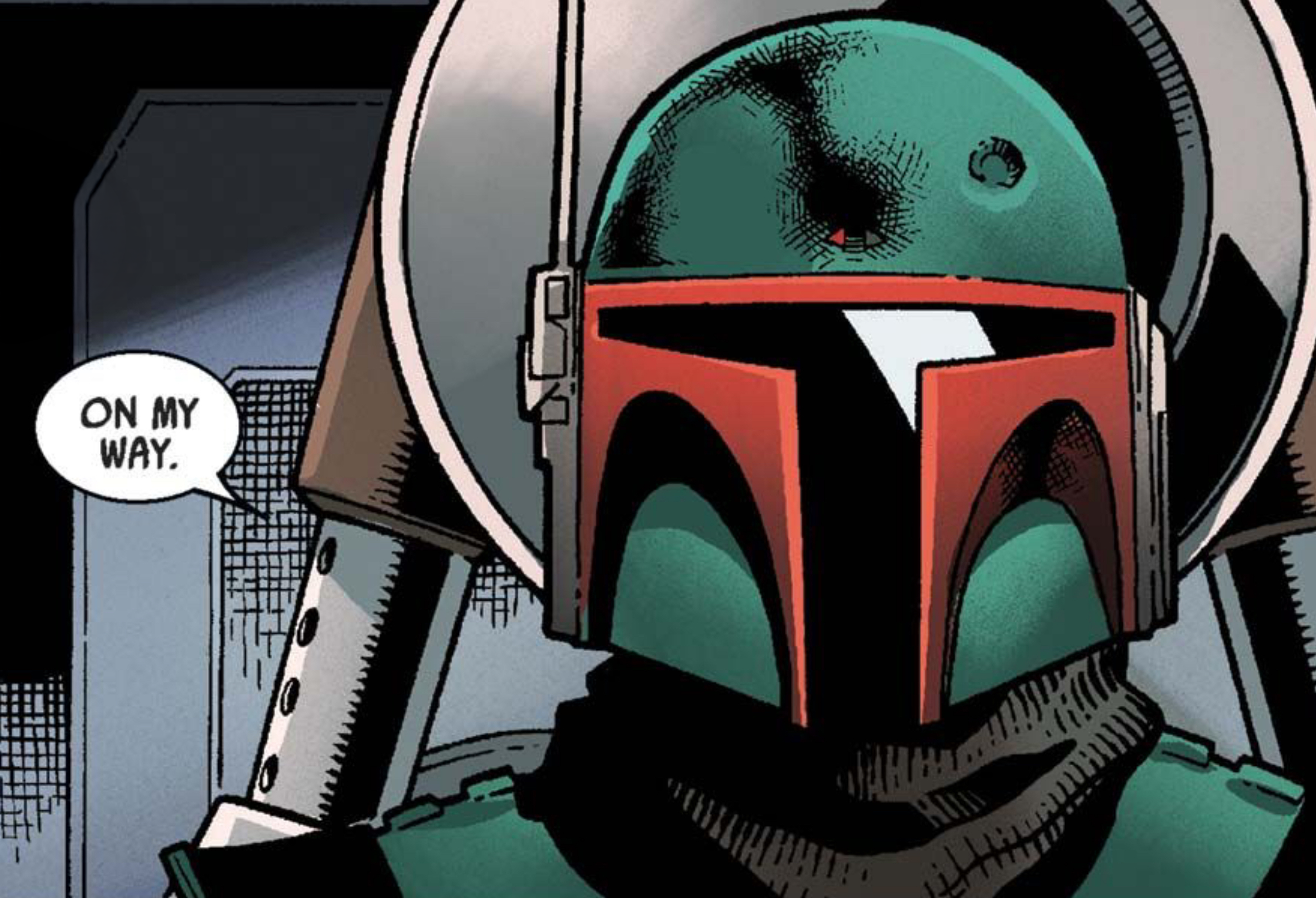 Boba Fett in a Star Wars comic panel: "On my way."