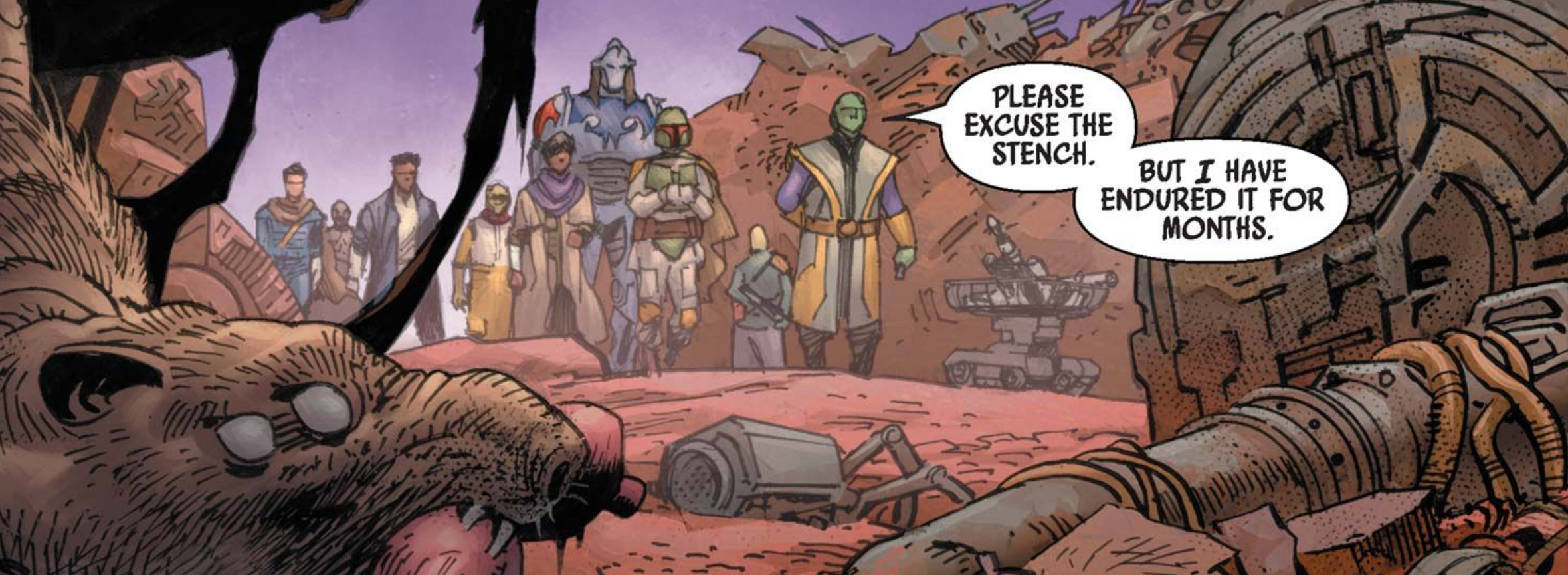 Boba Fett in a Star Wars comic panel: "Please excuse the stench. But I have endured it for months."