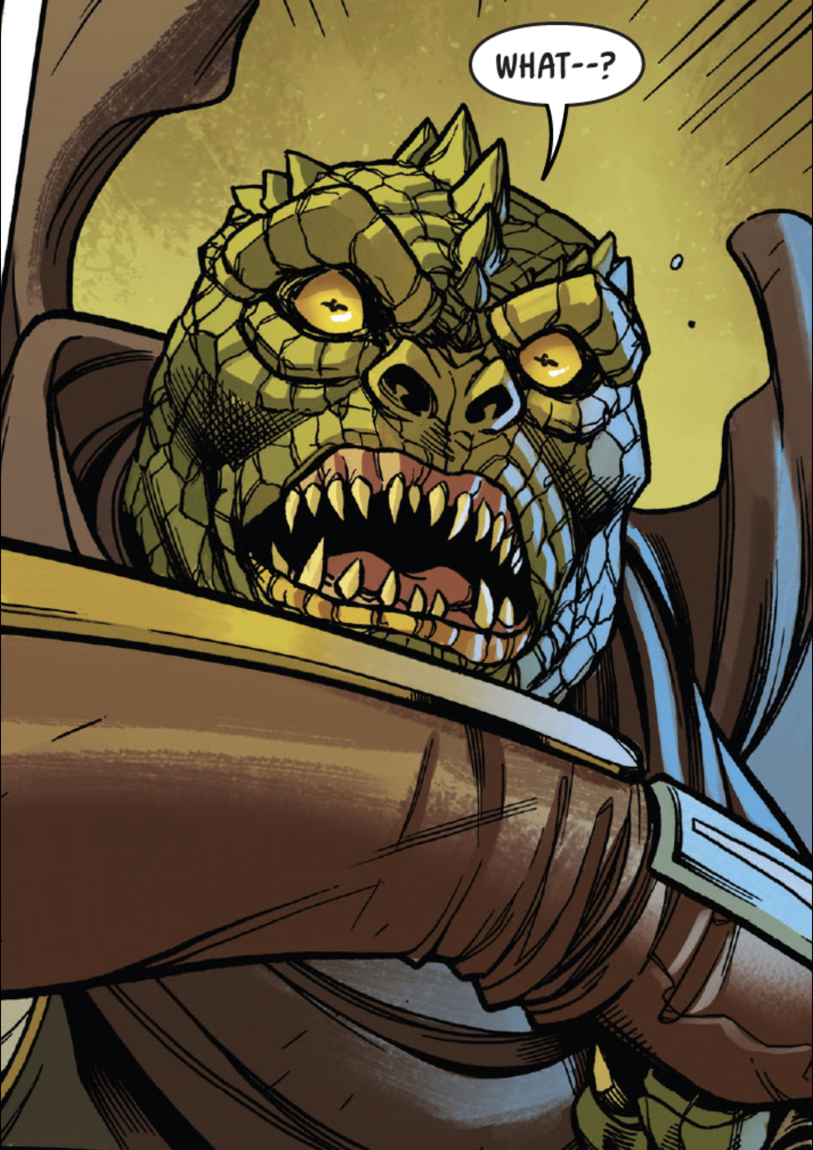 Sskeer in a Star Wars comic panel: "What--?"