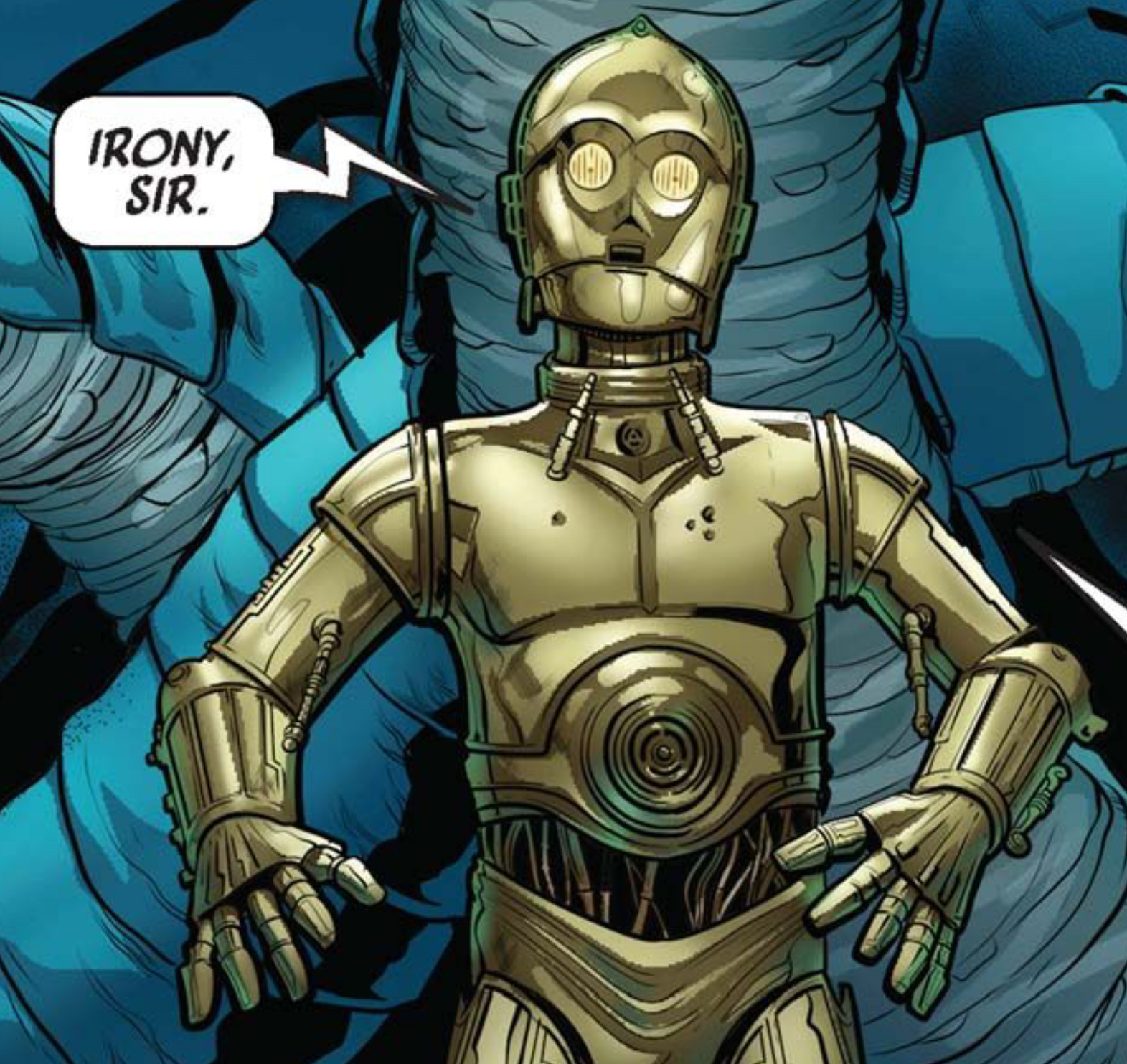 C-3PO in a Star Wars comic panel: "Irony, sir."