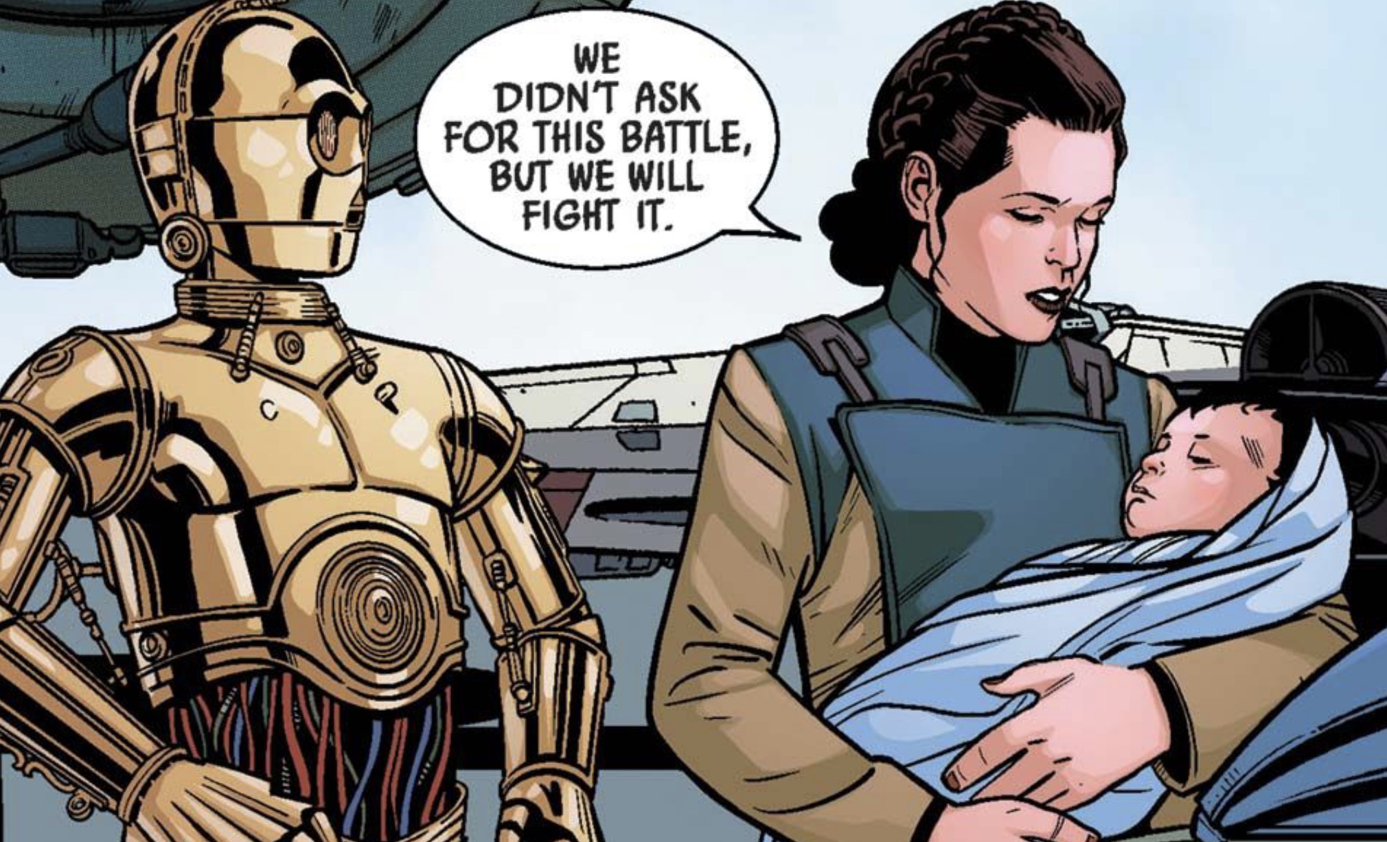 C-3PO & Leia Organa in a Star Wars comic panel: "We didn't ask for this battle, but we will fight it."