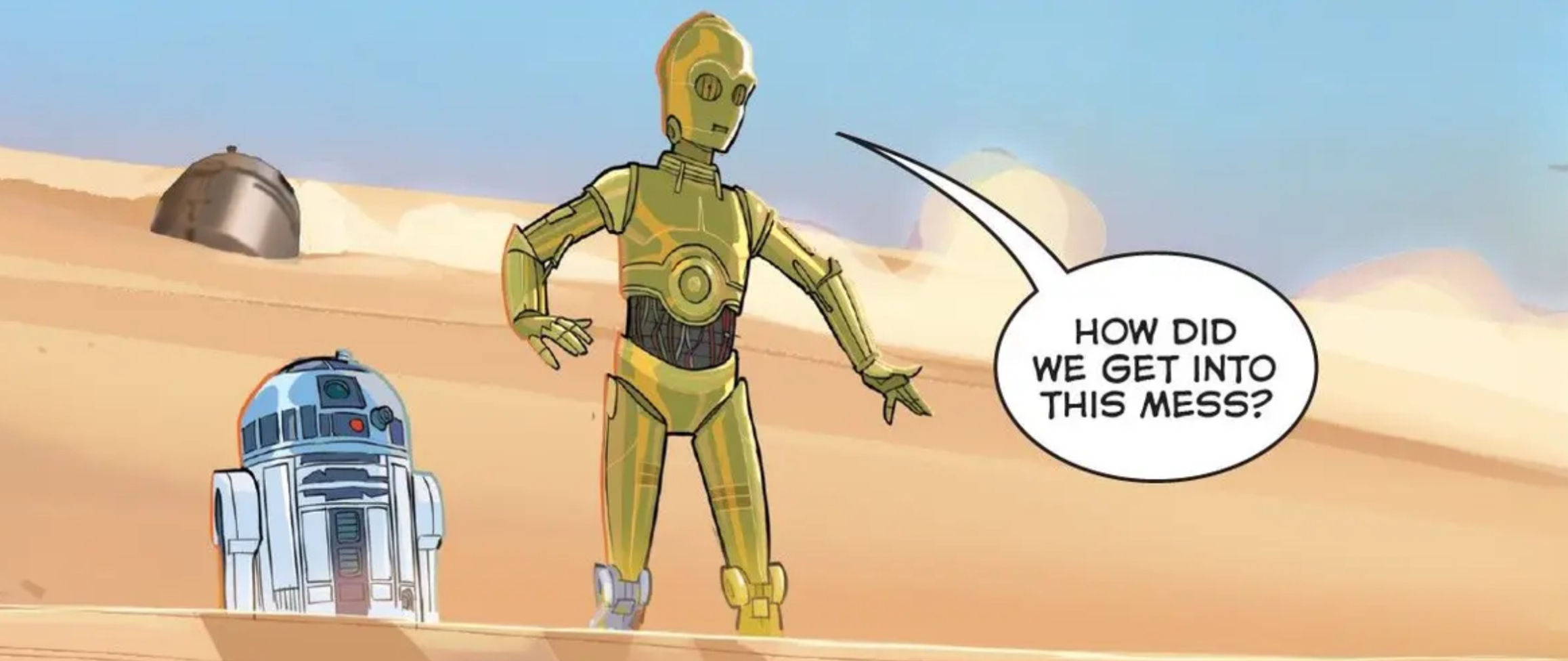 C-3PO & R2-D2 in a Star Wars comic panel: "How did we get into this mess?"