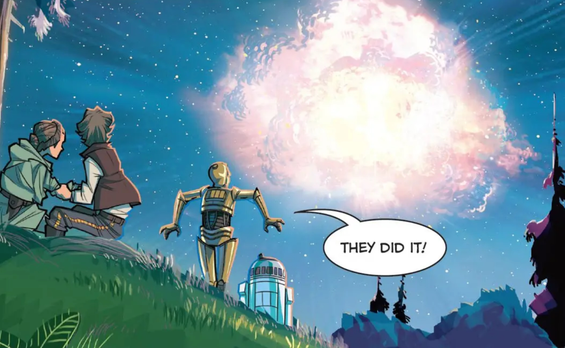Leia Organa & Han Solo in a Star Wars comic panel: "They did it!"