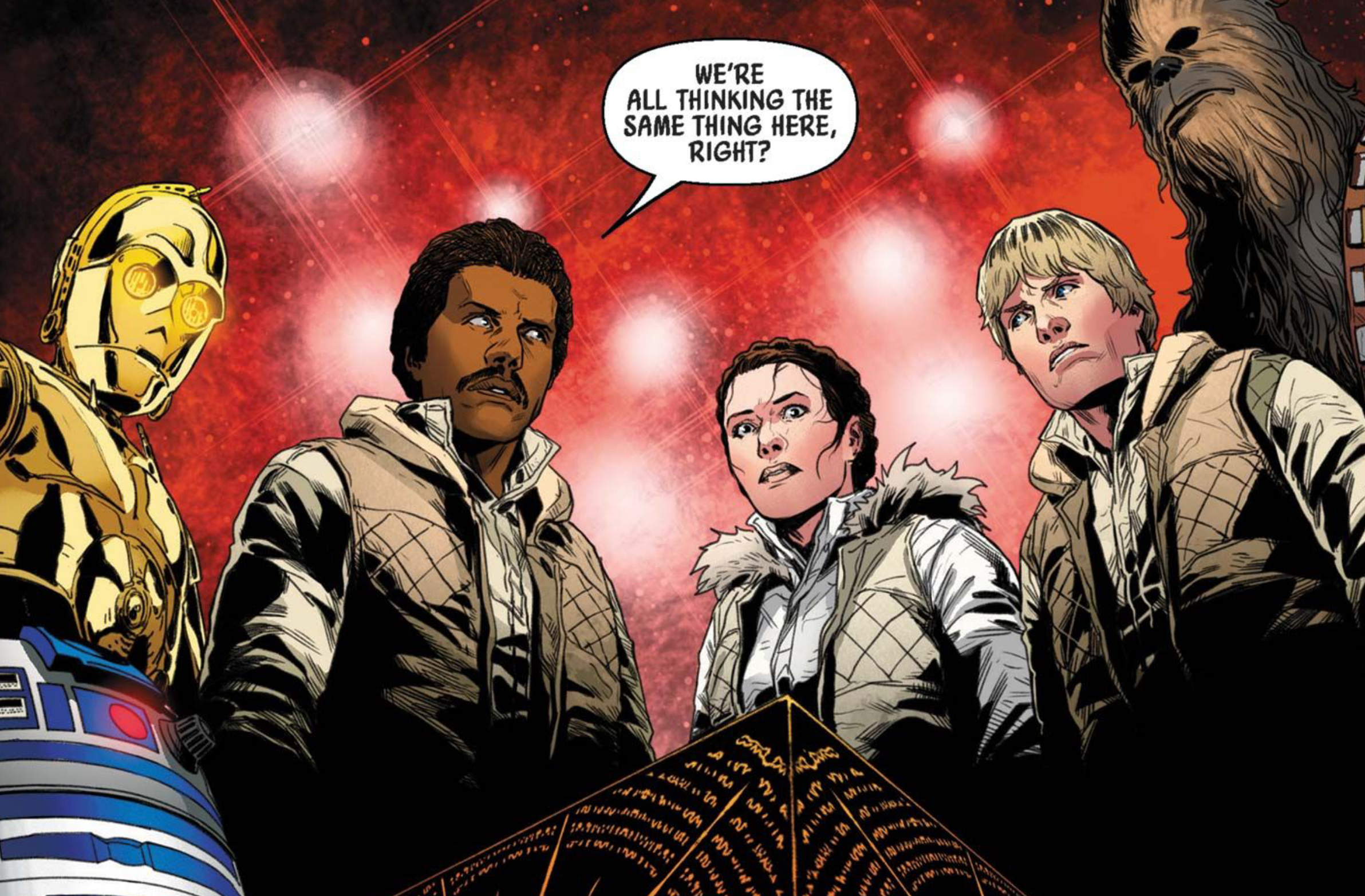 C-3PO & R2-D2 in a Star Wars comic panel: "We're all thinking the same thing here, right?"