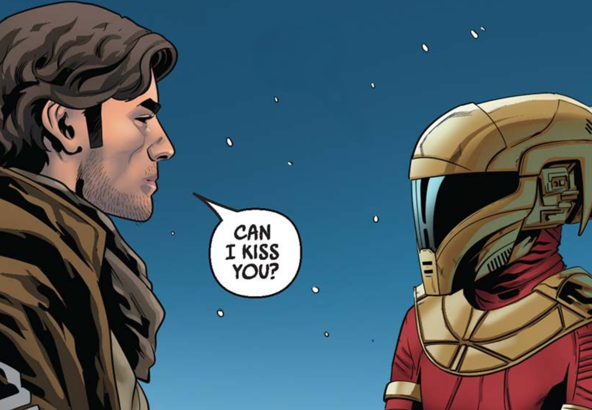 Poe Dameron & Zorii Bliss in a Star Wars comic panel: "Can I kiss you?"