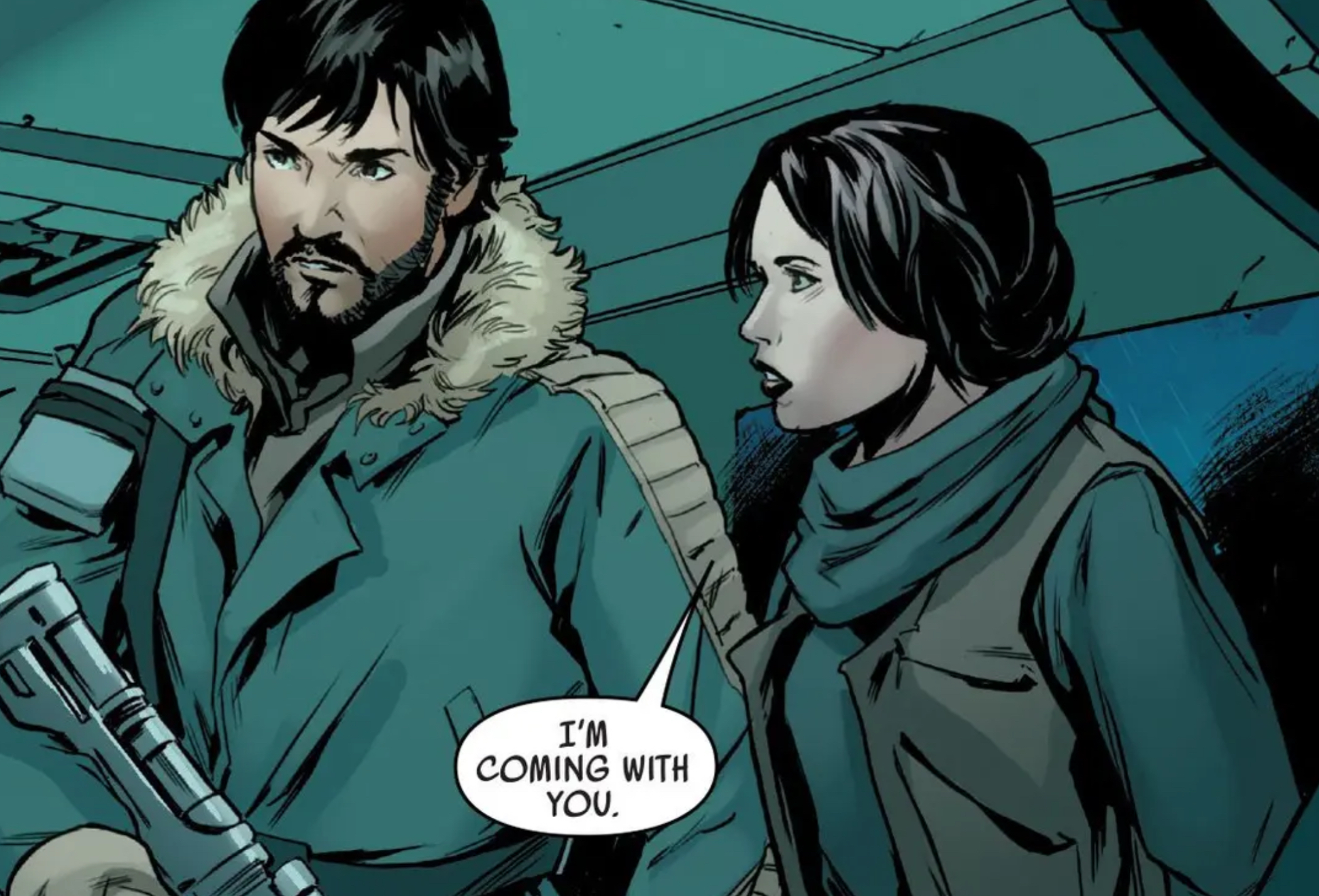 Cassian Andor & Jyn Erso in a Star Wars comic panel: "I'm coming with you."
