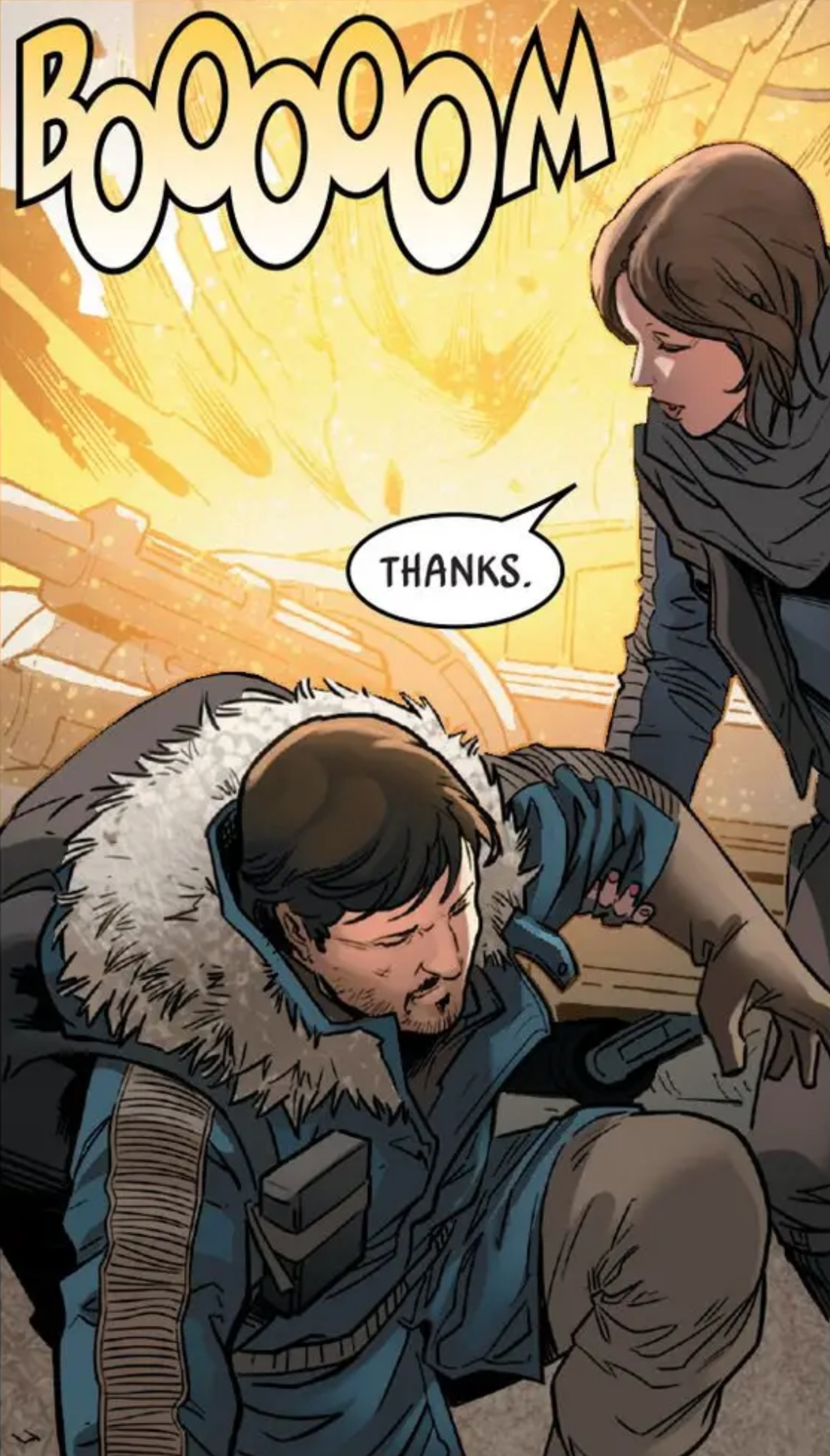 Jyn Erso & Cassian Andor in a Star Wars comic panel: "Thanks."