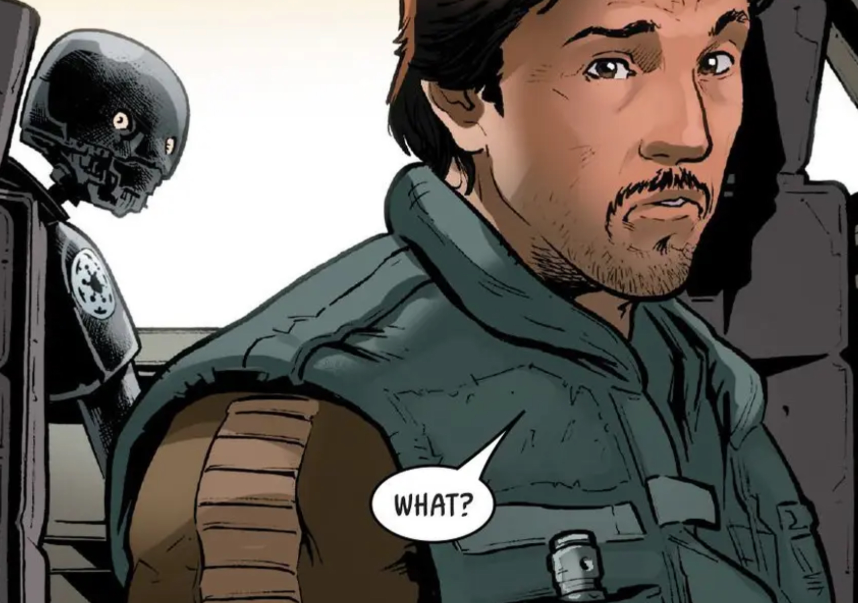 Cassian Andor & K-2SO in a Star Wars comic panel: "What?"
