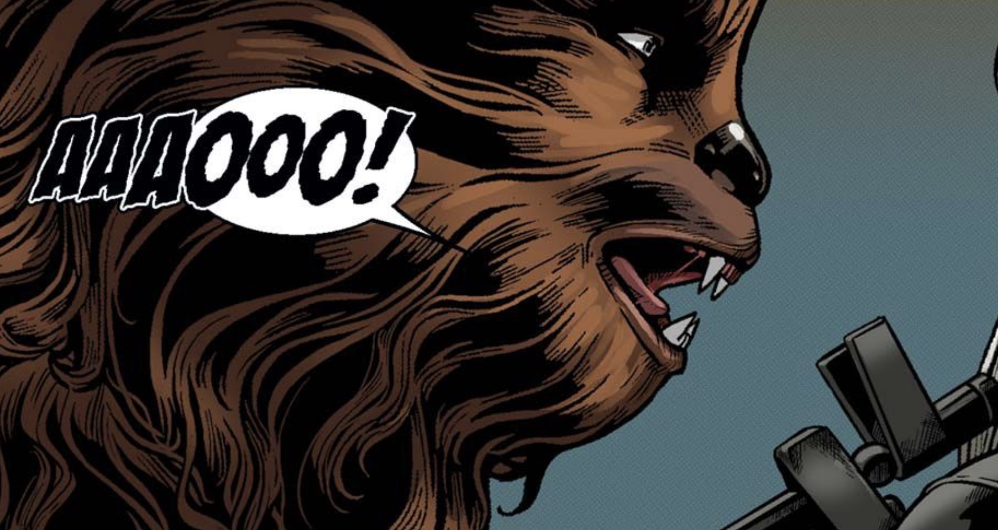 Chewbacca in a Star Wars comic panel: "Aaaooo!"
