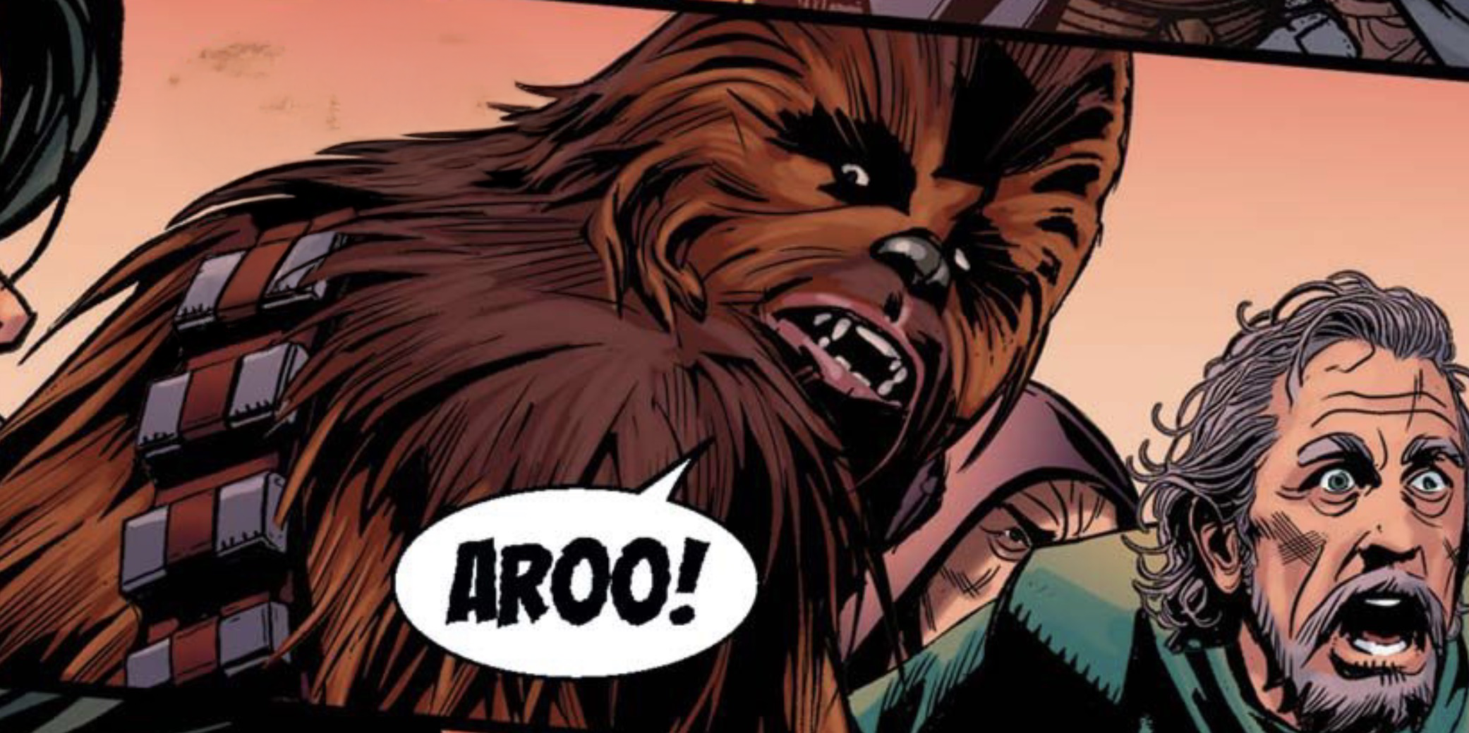 Chewbacca in a Star Wars comic panel: "AROO!"
