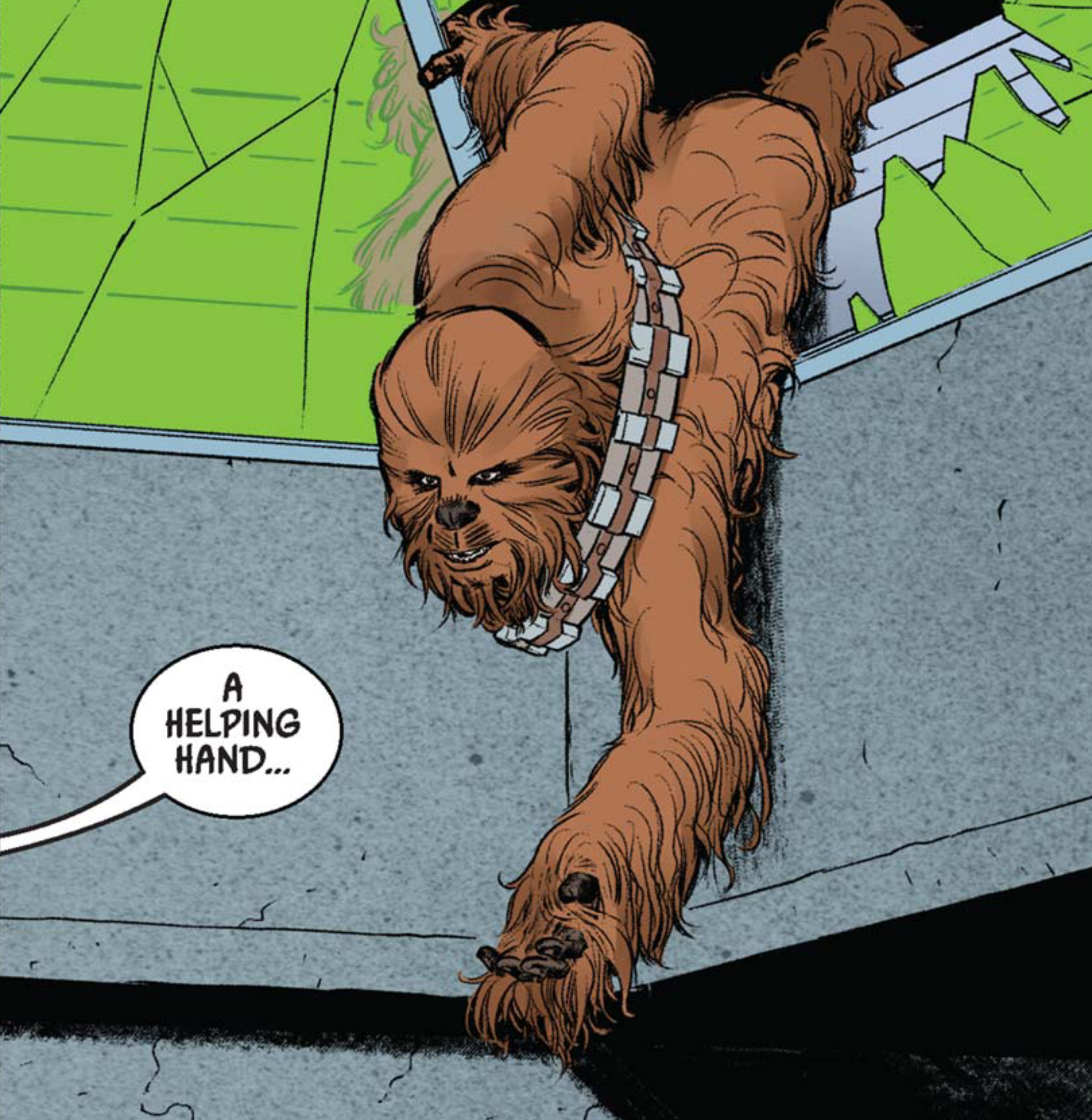 Chewbacca in a Star Wars comic panel: "A helping hand..."