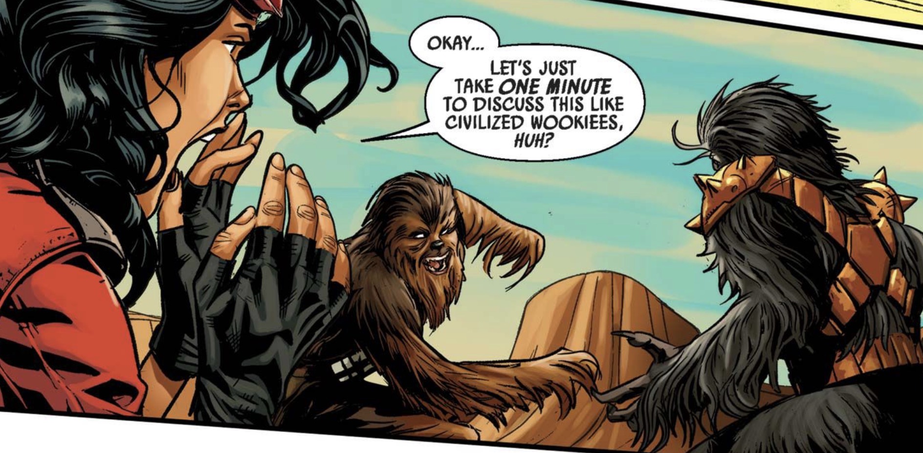 Doctor Aphra & Chewbacca in a Star Wars comic panel: "Okay... Let's just take one minute to discuss this like civilized Wookiees, huh?"