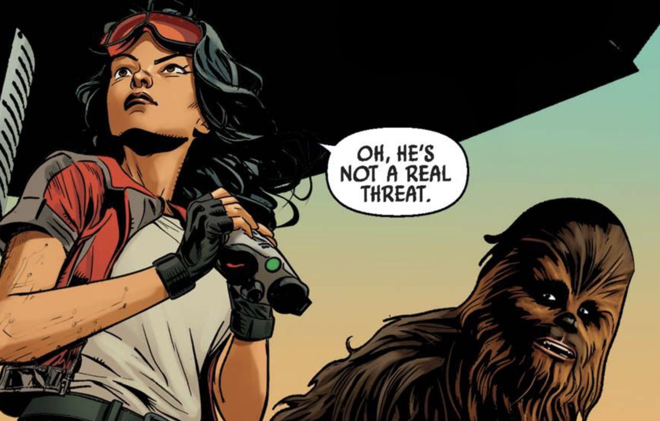 Doctor Aphra & Chewbacca in a Star Wars comic panel: "Oh, he's not a real threat."