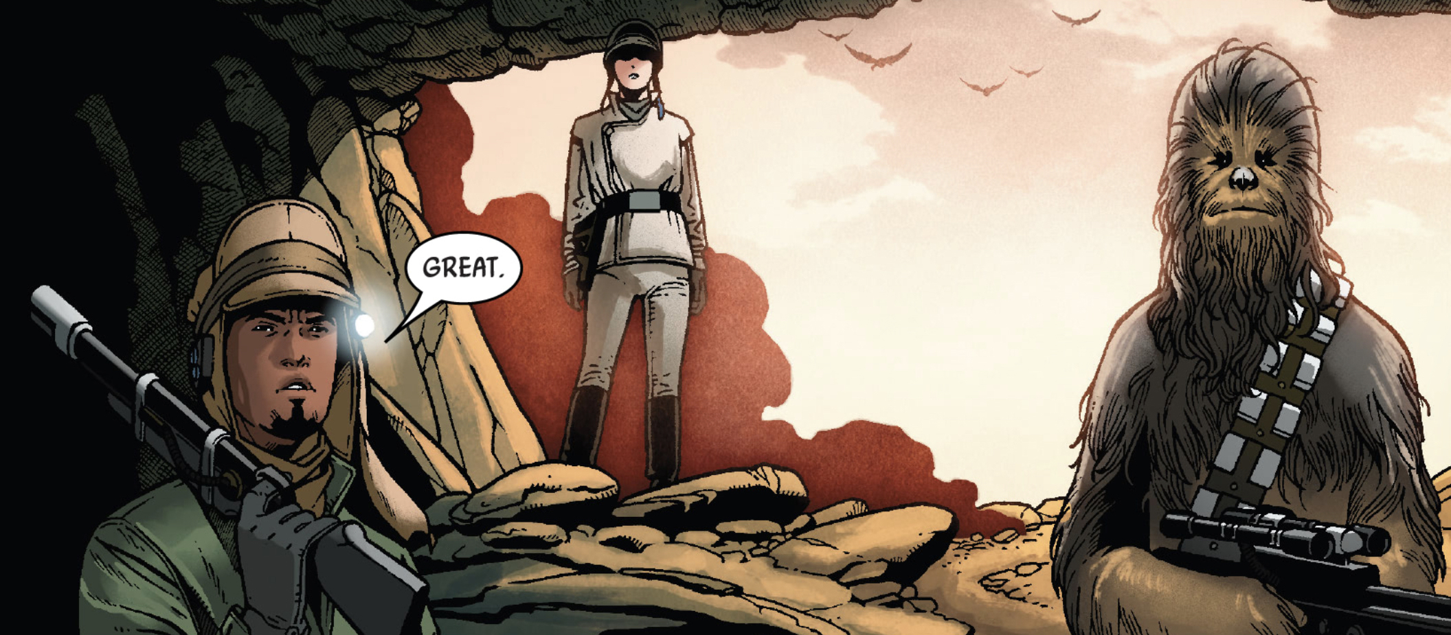 Chewbacca in a Star Wars comic panel: "Great."