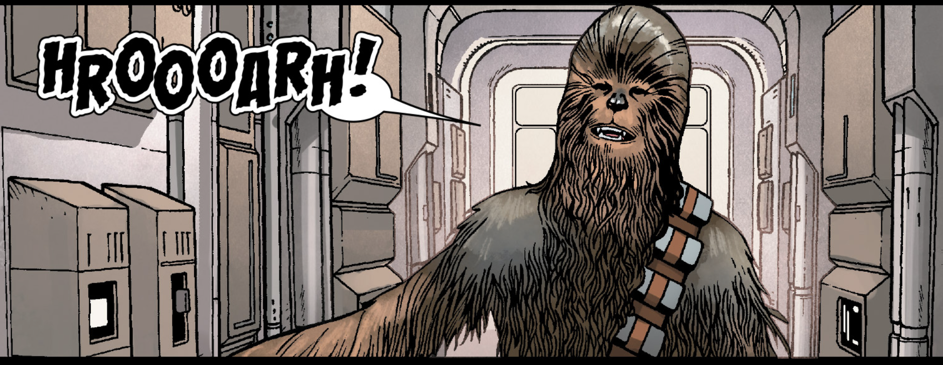 Chewbacca in a Star Wars comic panel: "Hroooarh!"