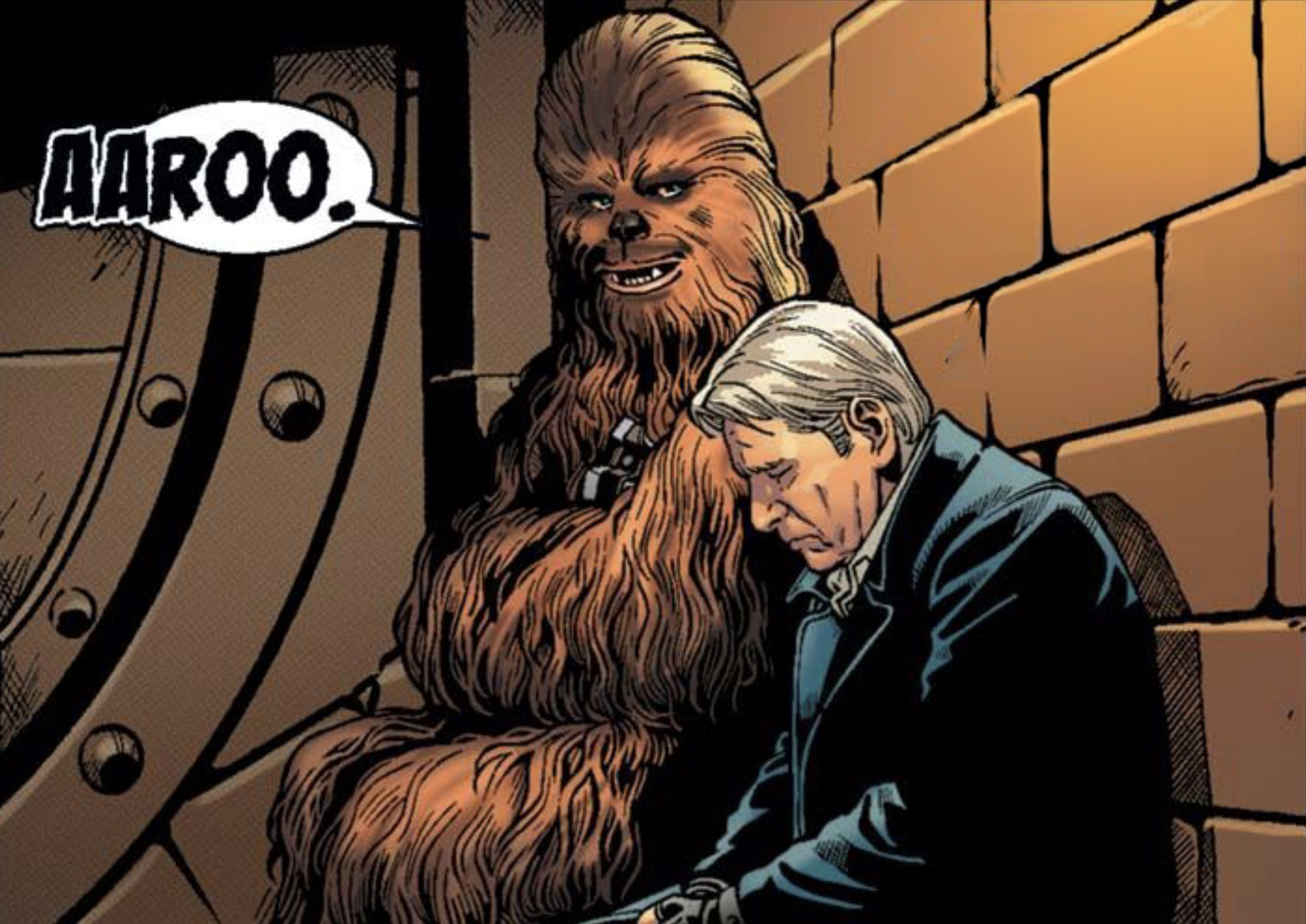 Chewbacca & Han Solo in a Star Wars comic panel: "Aaroo."