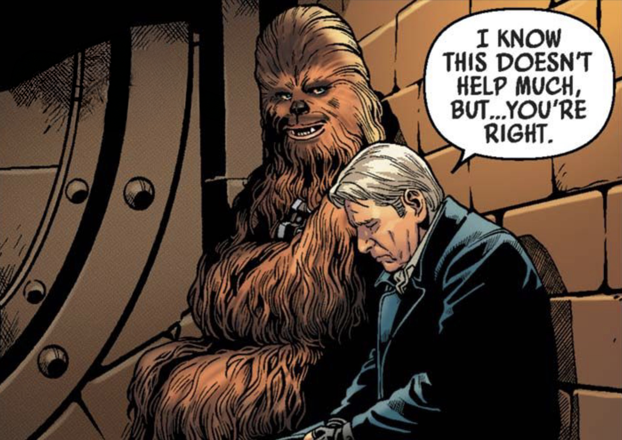Chewbacca & Han Solo in a Star Wars comic panel: "I know this doesn't help much, but you're right."