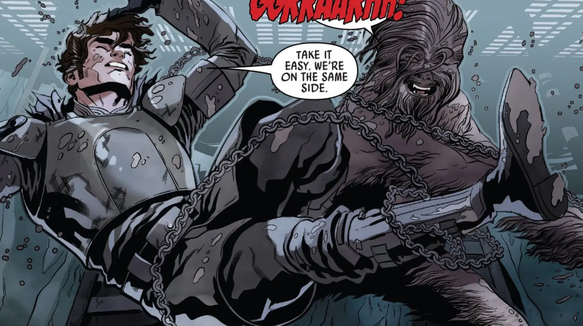 Han Solo & Chewbacca in a Star Wars comic panel: "Take it easy, we're on the same side."
