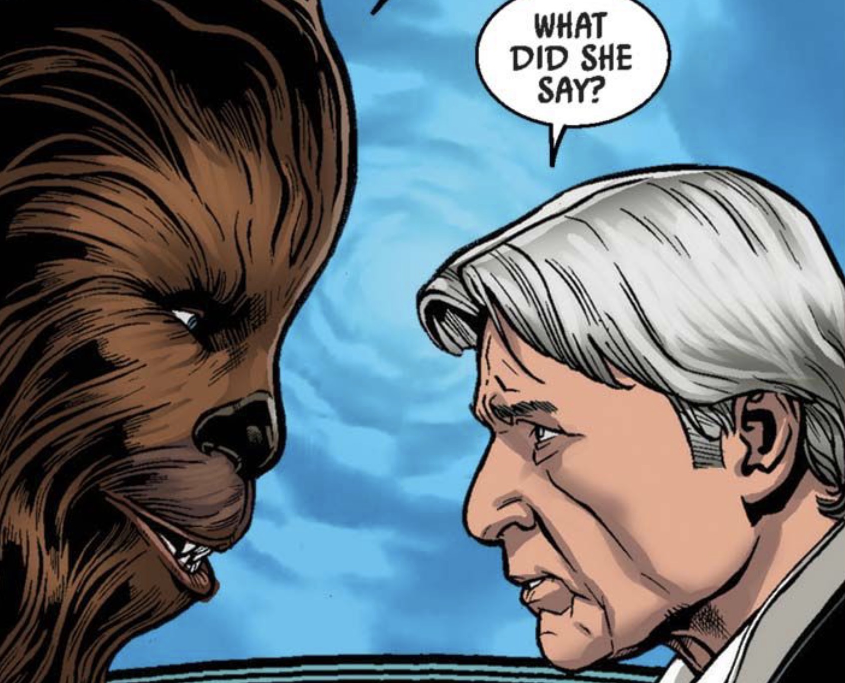 Chewbacca & Han Solo in a Star Wars comic panel: "What did she say?"