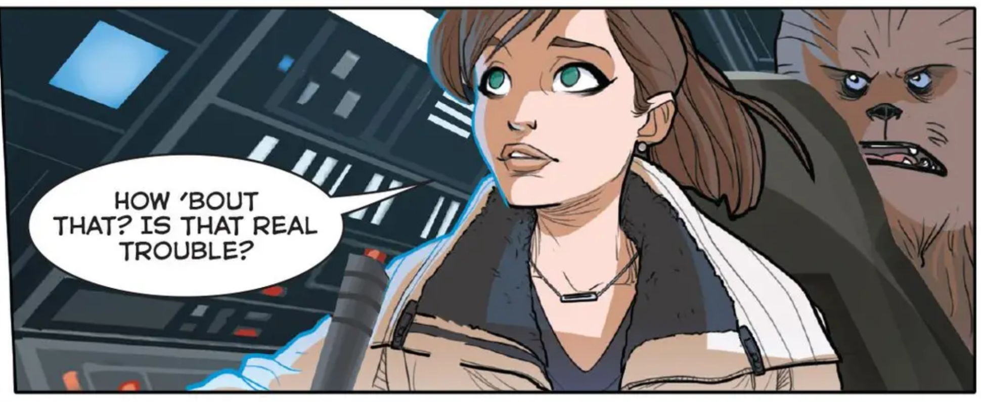 Jyn Erso & Bistan in a Star Wars comic panel: "How 'bout that? Is that real trouble?"