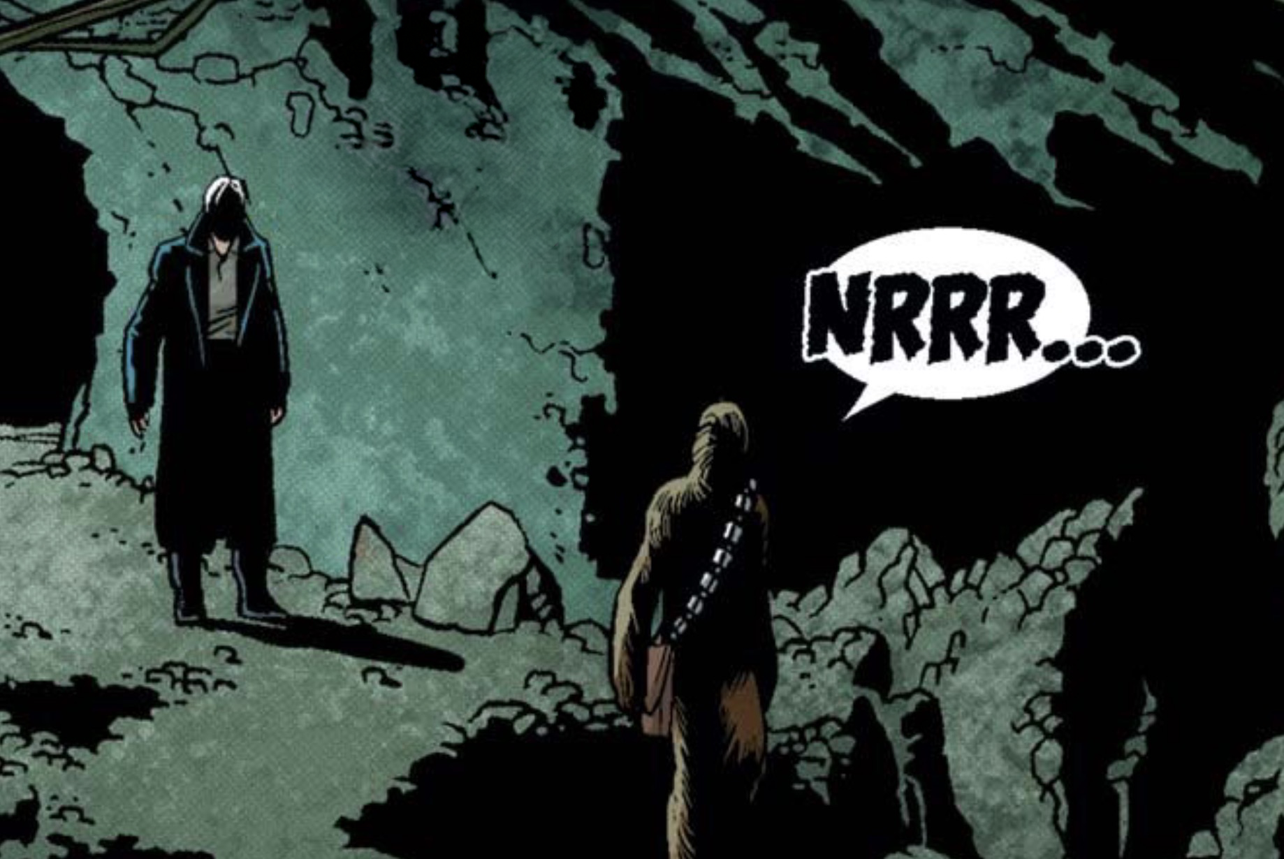 Chewbacca & Han Solo in a Star Wars comic panel: "NRRR..."