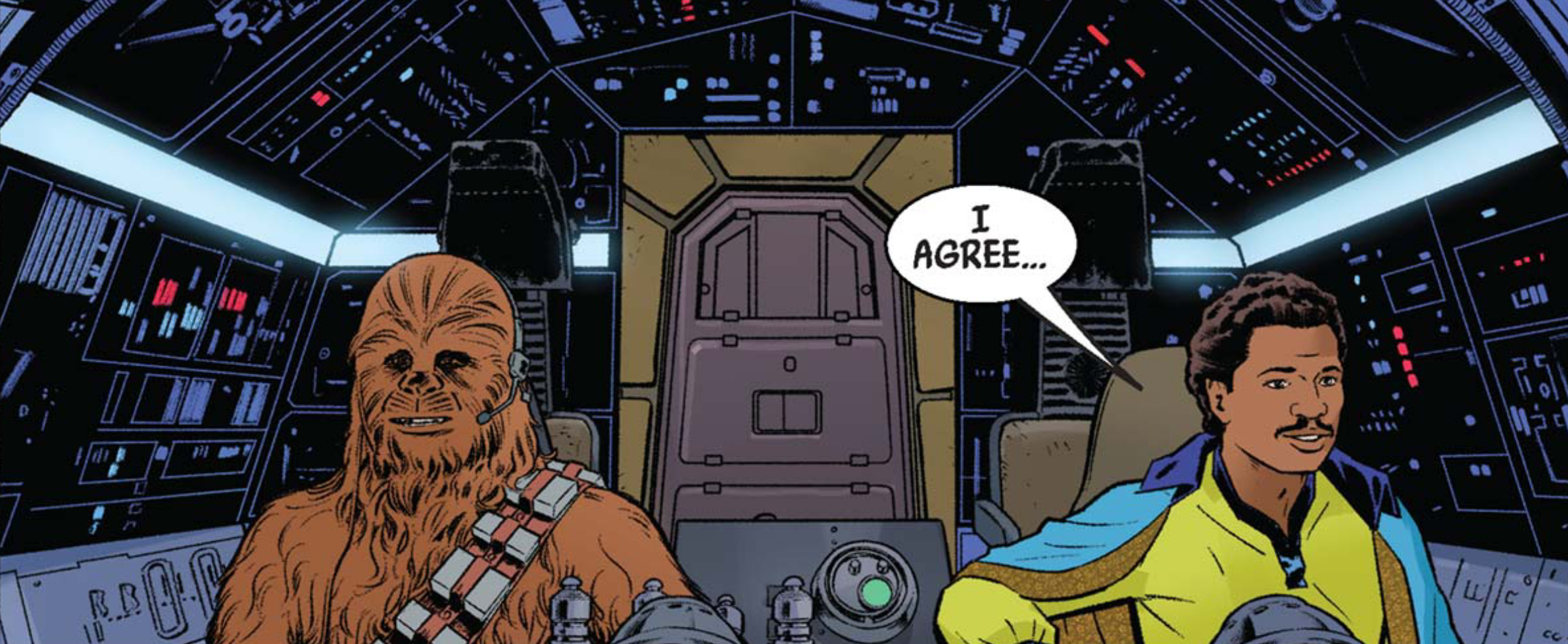 Chewbacca & Lando Calrissian in a Star Wars comic panel: "I agree..."