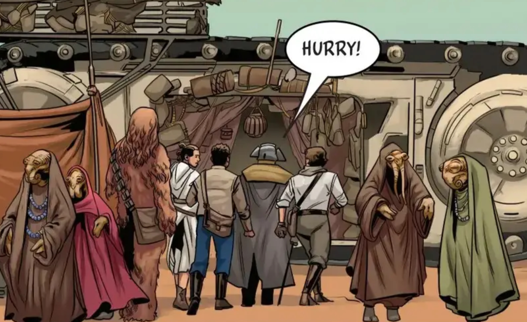 Chewbacca & Leia Organa in a Star Wars comic panel: "Hurry!"